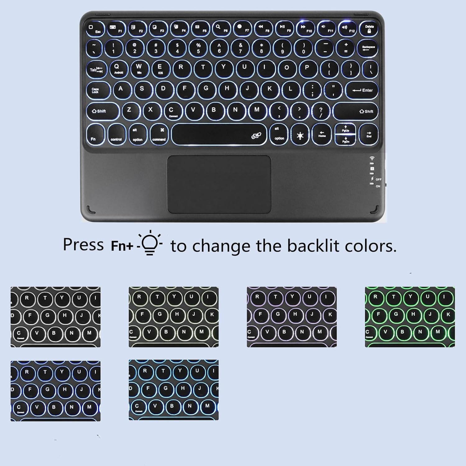 Image showing the keyboard with backlighting, and instructions to press Fn + light bulb icon to change colors. Several color options are displayed below.