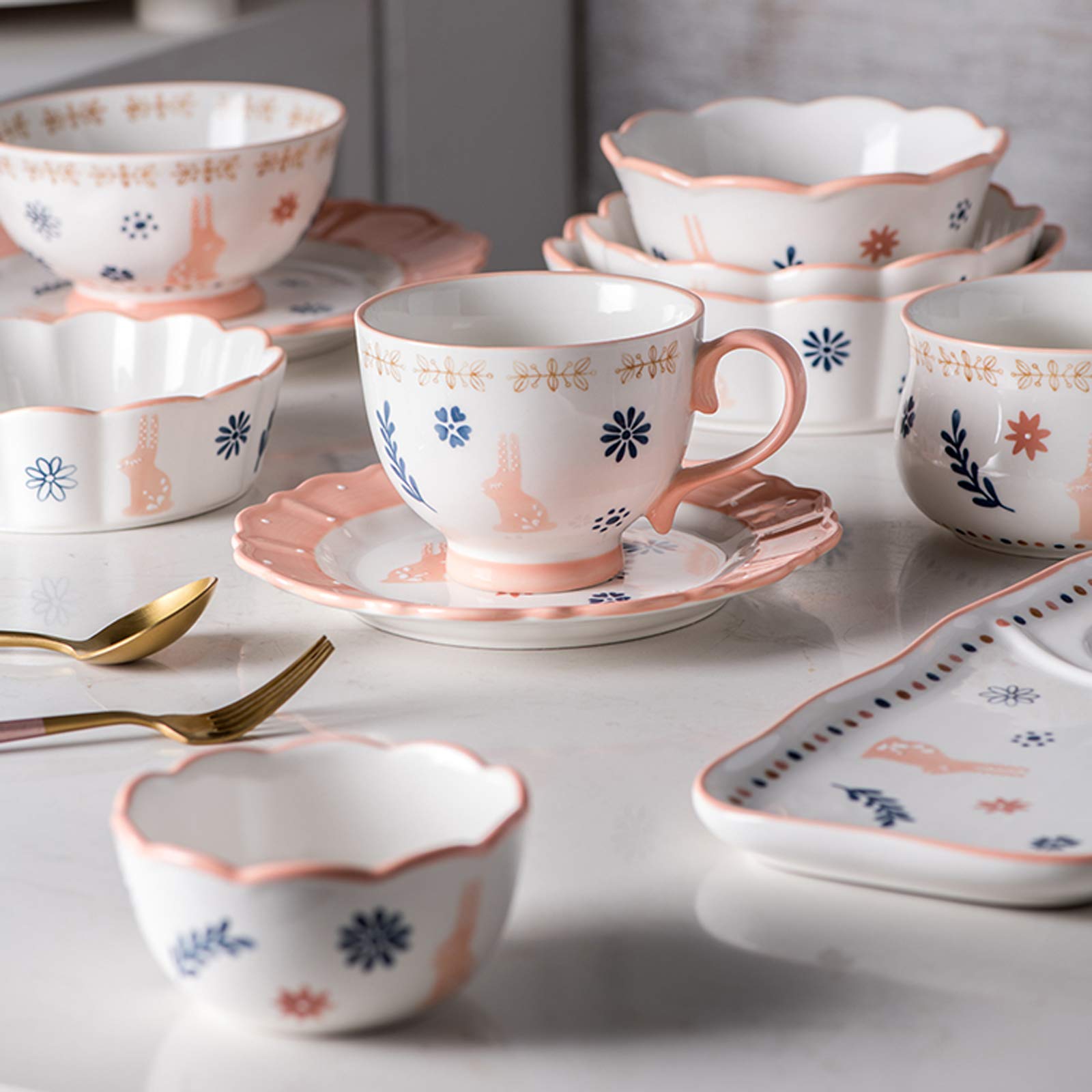 Ensemble de Vaisselle de Cuisine, Ensembles de Vaisselle en céramique, Ensemble de dîner en Porcelaine à Motif de Lapin 33 pièces pour Mariage, Ensemble de TASS(