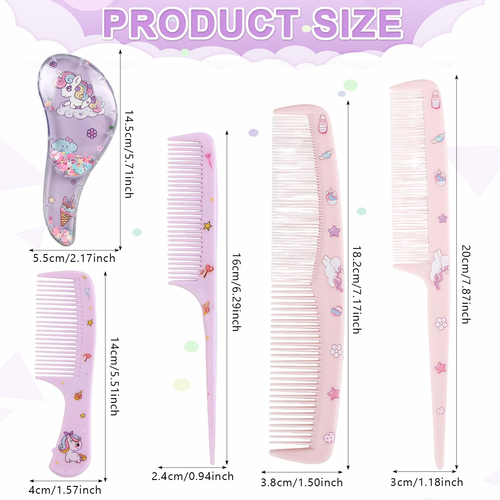 Juego de cepillos para el pelo de bebé para niñas, kit de peine desenredante con temática de unicornio rosa con peines de cola, peine de dientes finos y peine corto para viajes y peinado diario
