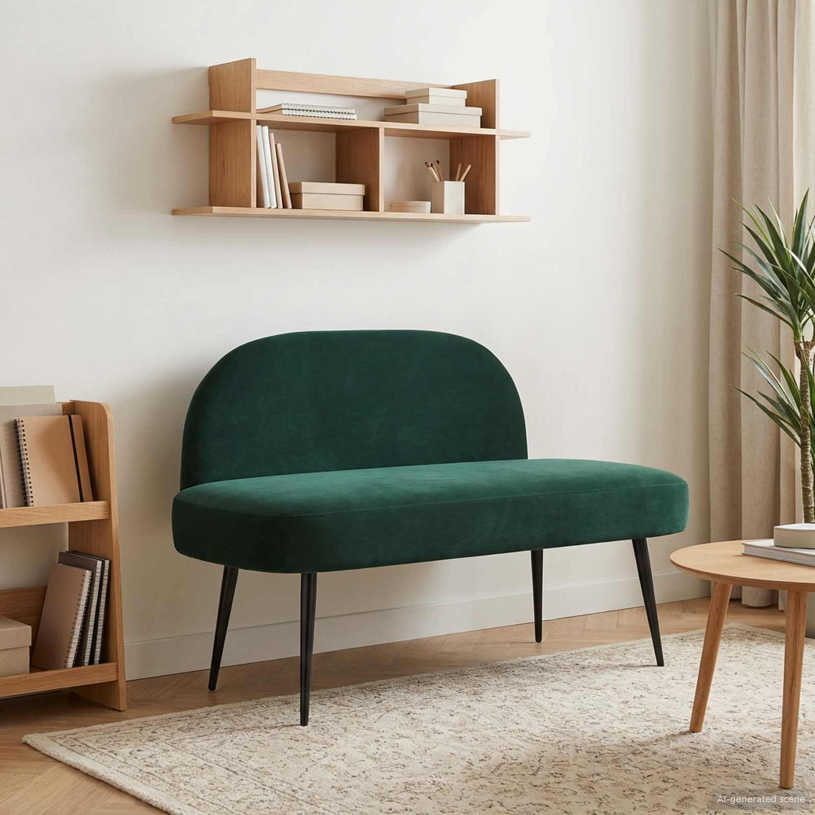 Banc rembourré velours vert foncé 2 places banquette design minimaliste