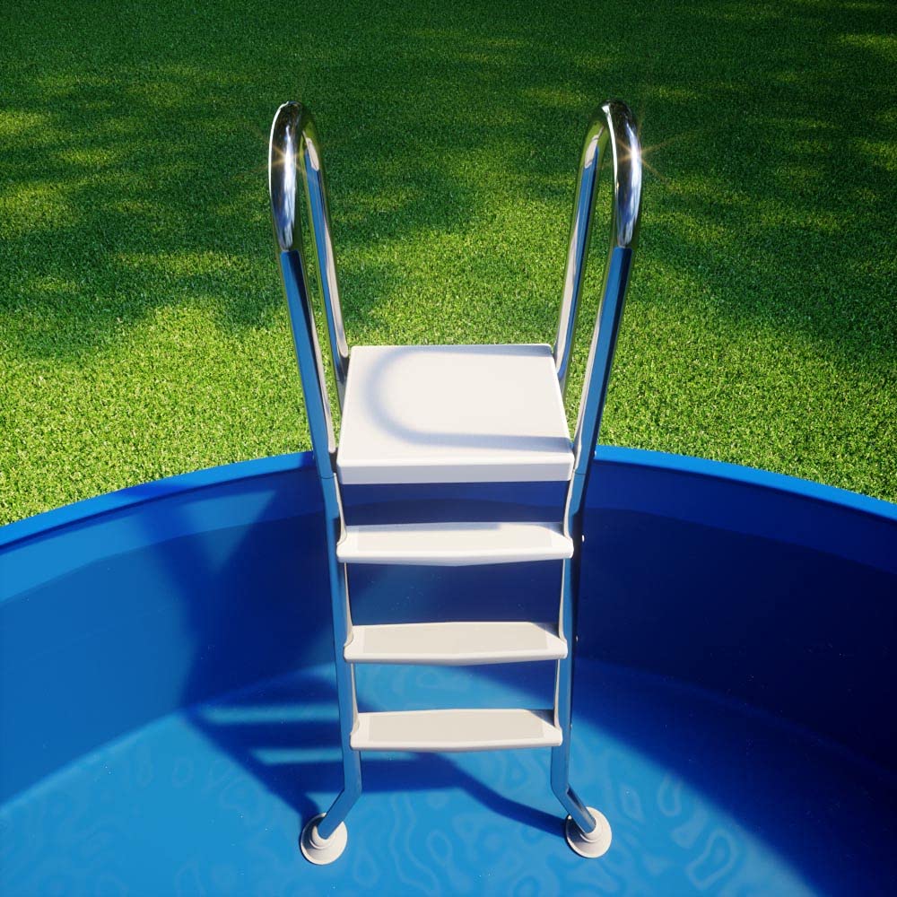 IDEAL Hochbeckenleiter 3/3-stufig V2A 1.4301 - Edelstahl Poolleiter mit Plattform - Für Beckenhöhe 0,90 bis 1,00 m - Ø 42 mm Holm - 2 x 3 ABS Stufen - Bis 120 kg