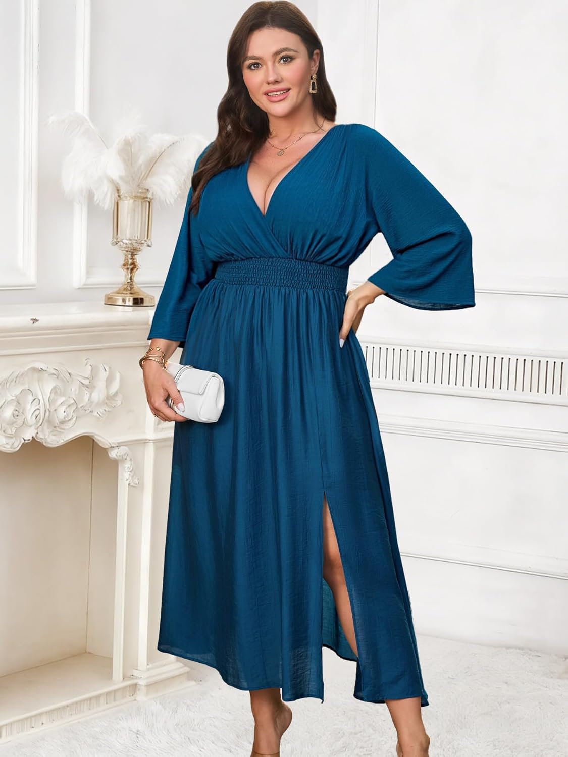 Womens Plus Size Dresses Short Sleeve V Neck Casual Dress Elastic Waist Flowy A Line Long Maxi Dresses - Image 2