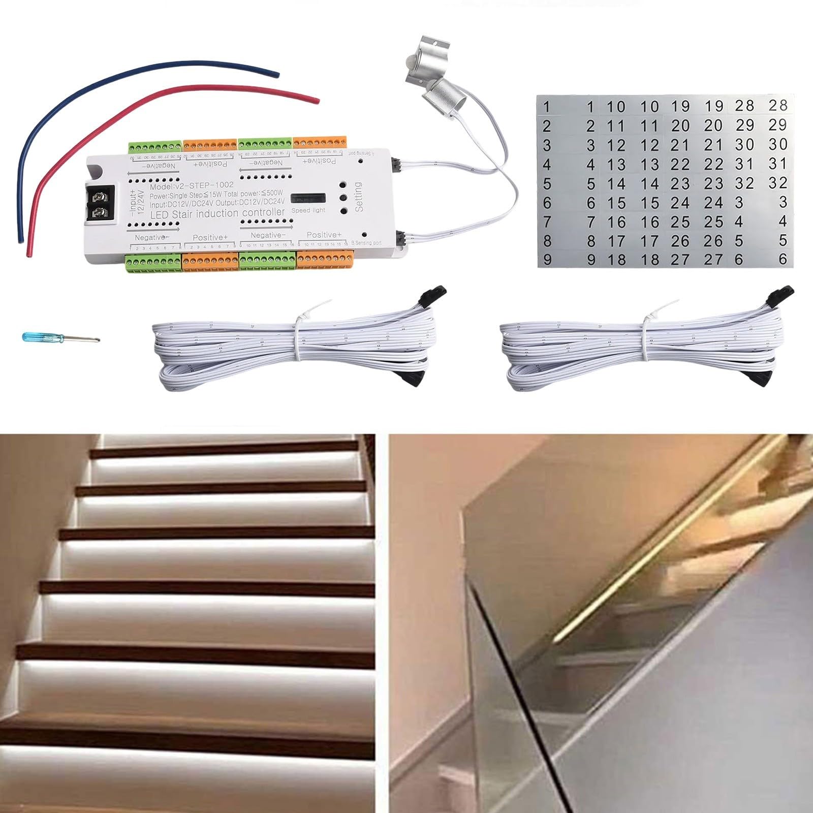 automatique lumière marche capteur mouvement 32 étapes contrôleur programmable éclairage escalier intérieur DC24V(Controller set)