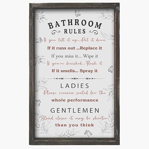 Buecasa Funny Bathroom Rules Sign - Solid Wood Farmhouse Restroom Decor - Rustic Framed Wall Art for Toilet Restroom 16x9.5 Inches Vertical