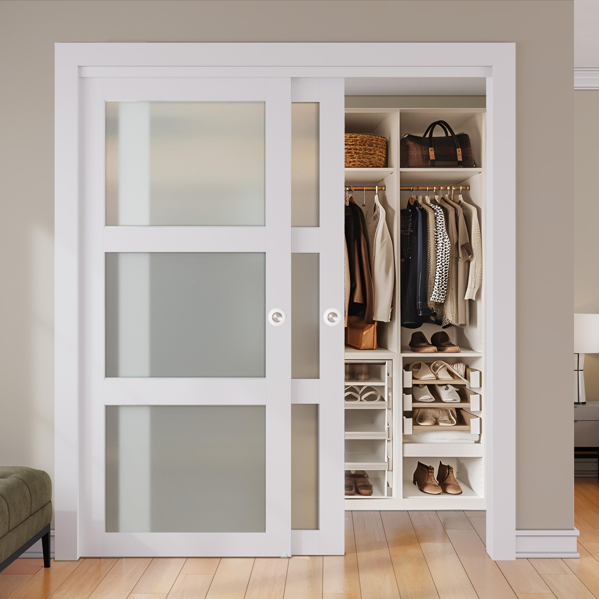 SMARTSTANDARD Sliding Closet Door, 64"×80"(Double Barn Doors 33"), Double Frosted 3 Panel Glass Sliding Door with Hardware Kit, Pre-Drilled Doors Panel, Need to Assemble, MDF with PVC Surface, White