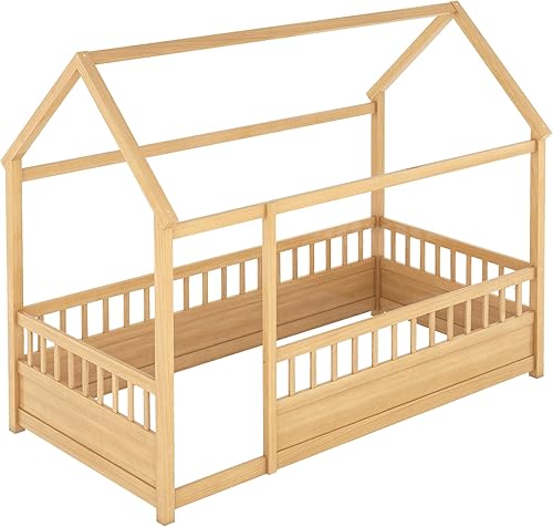 Miniatura 113 de Bellemave Cama Montessori de madera con valla y techo para niños, marco de cama individual para niños, niñas (individual, blanco)