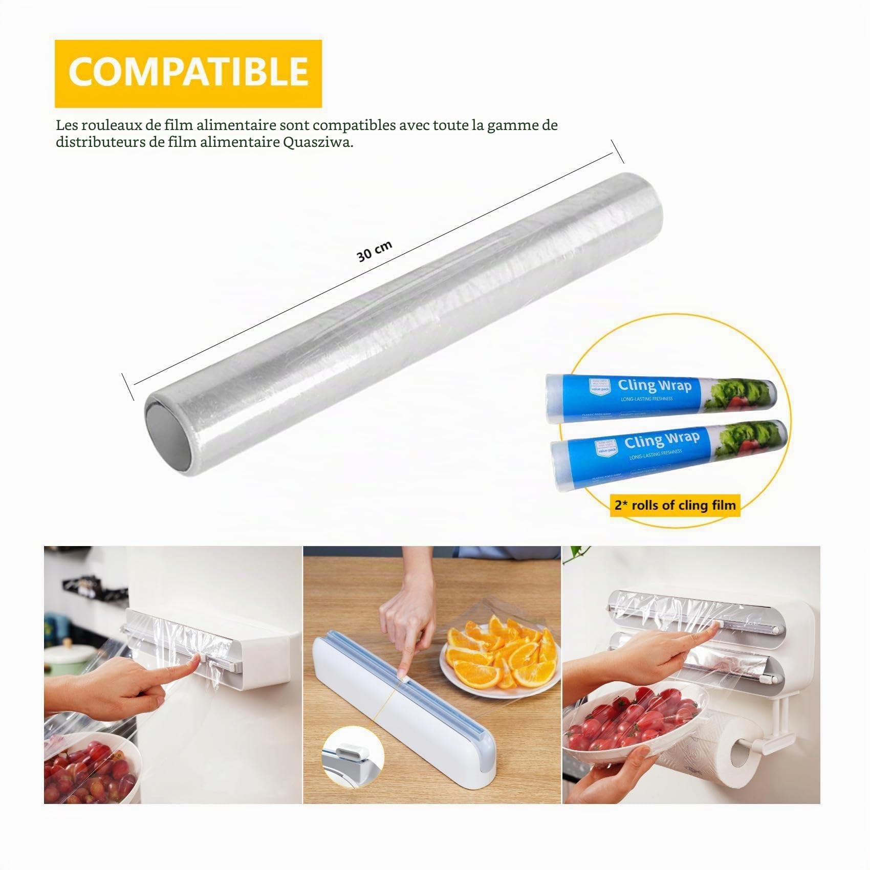 2 Rouleaux de Film Alimentaire 30 cm x 100 m, Adaptés au Distributeur de Film alimentaire Marque Quasziwa, Pratique pour la Conservation des Aliments en Cuisine. (Pack de 2)
