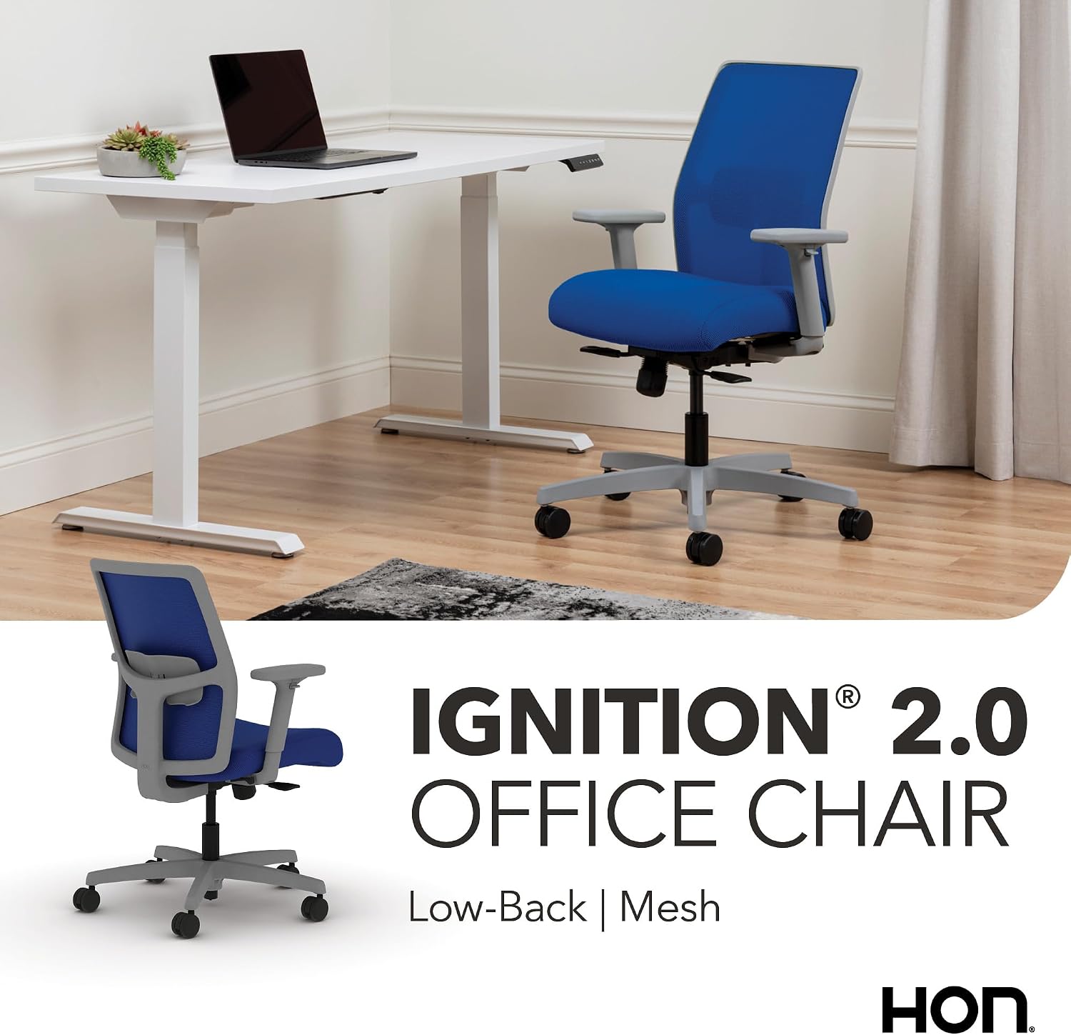 HON Ignition 2.0 Low Back Task Chair, Spectrum Mesh, Standard Synchro-Tilt Control, Office Chair with Lumbar Support, Height and Width Adjustable Arms, Titanium Frame, Cobalt