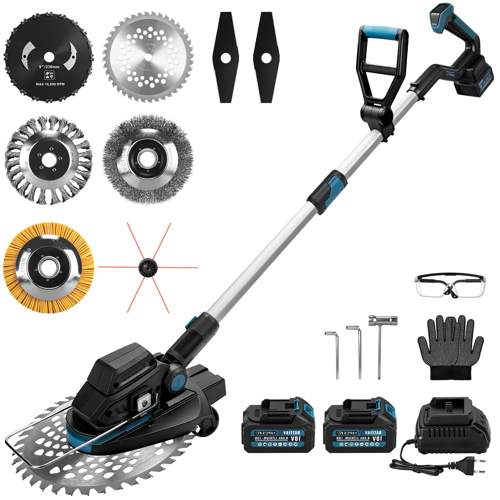 Desbrozadora con batería 7 en 1 con 2 baterías de 4 Ah y 18 V, 1200 W, desbrozadora sin escobillas, batería con 7 cuchillas e indicador de nivel de batería, 16800 rpm, desbrozadora eléctrica para