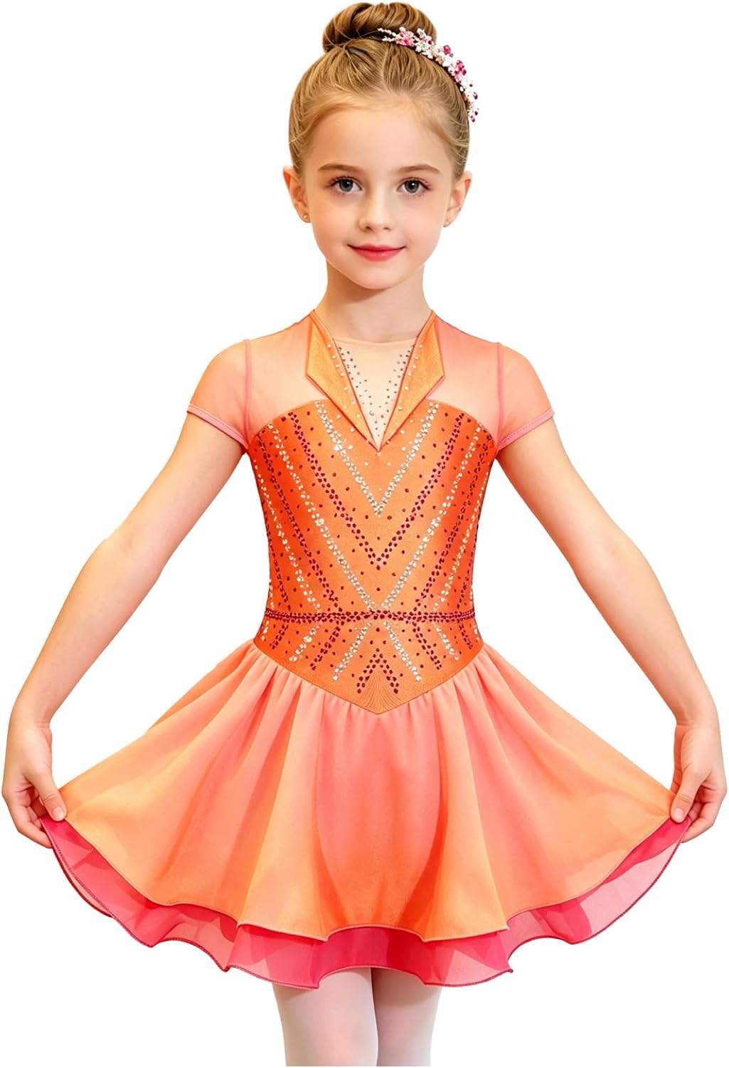 Shinsto Kids Girls Ballet Dance Dress Short Sleeve Rhinestone Ruffle Rhythmic Gymnastics Leotard Modern Dancewear