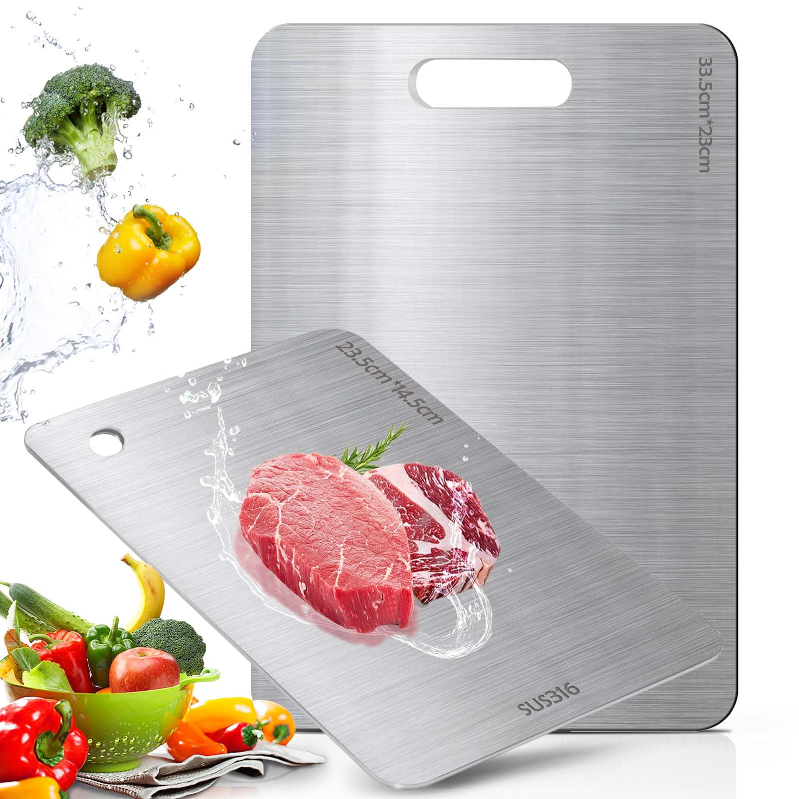Funnity 2 Stücke Titan Schneidebrett, S316 Schneidebrett Edelstahl, Doppelseitiges Lebensmittel Grade Schneidbretter, Schneidebretter zum Schneiden von Fleisch, Brot, Gemüse und Obst