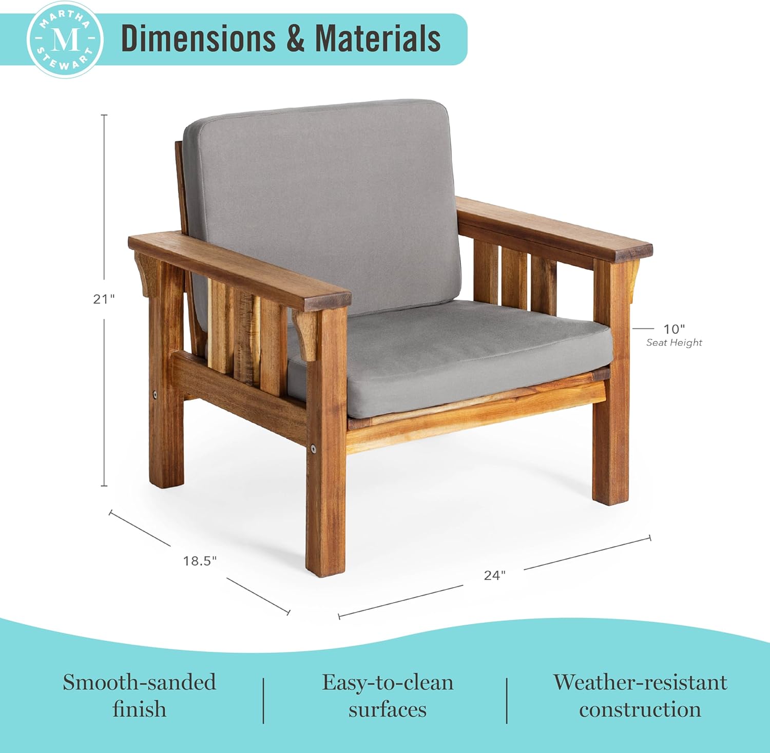 Martha Stewart Kids Outdoor Chair: Natural Acacia Wood Chair for Kids w/Gray Polyester Cushions, 10" Seat Height | Montessori Furniture for Backyard, Patio, and Outdoor Play & Learning Environments