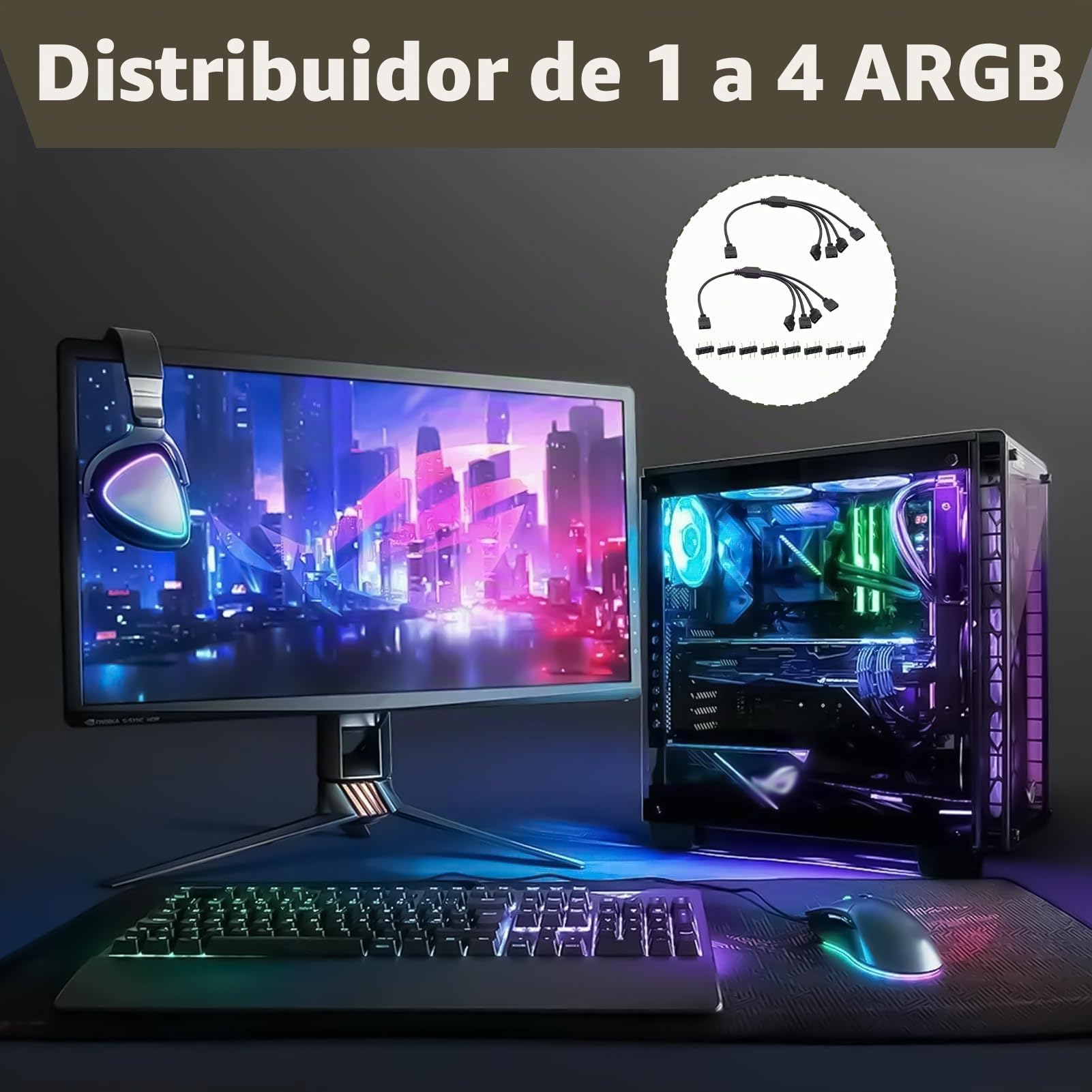 2 Piezas Cable Divisor ARGB 5V 3 Pines 1 a 4 en Y, Conector Splitter de 30 cm para Ventiladores y Tiras LED RGB Direccionables, Compatible con Placas Base ASUS MSI con Conector ARGB de 3 Pines