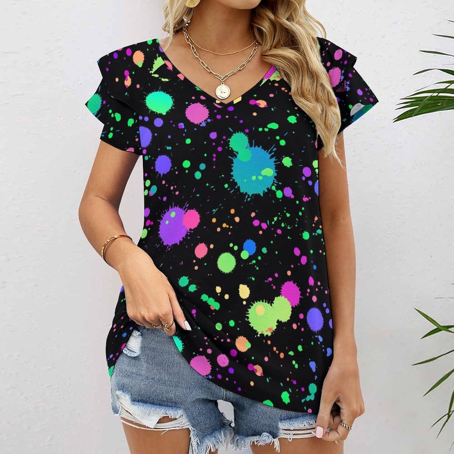 Glow in Dark Splatter Neon Women's Short Sleeve Shirt Tops Loose V-Neck Ruffle Tees Summer Beach Blouses - Image 2