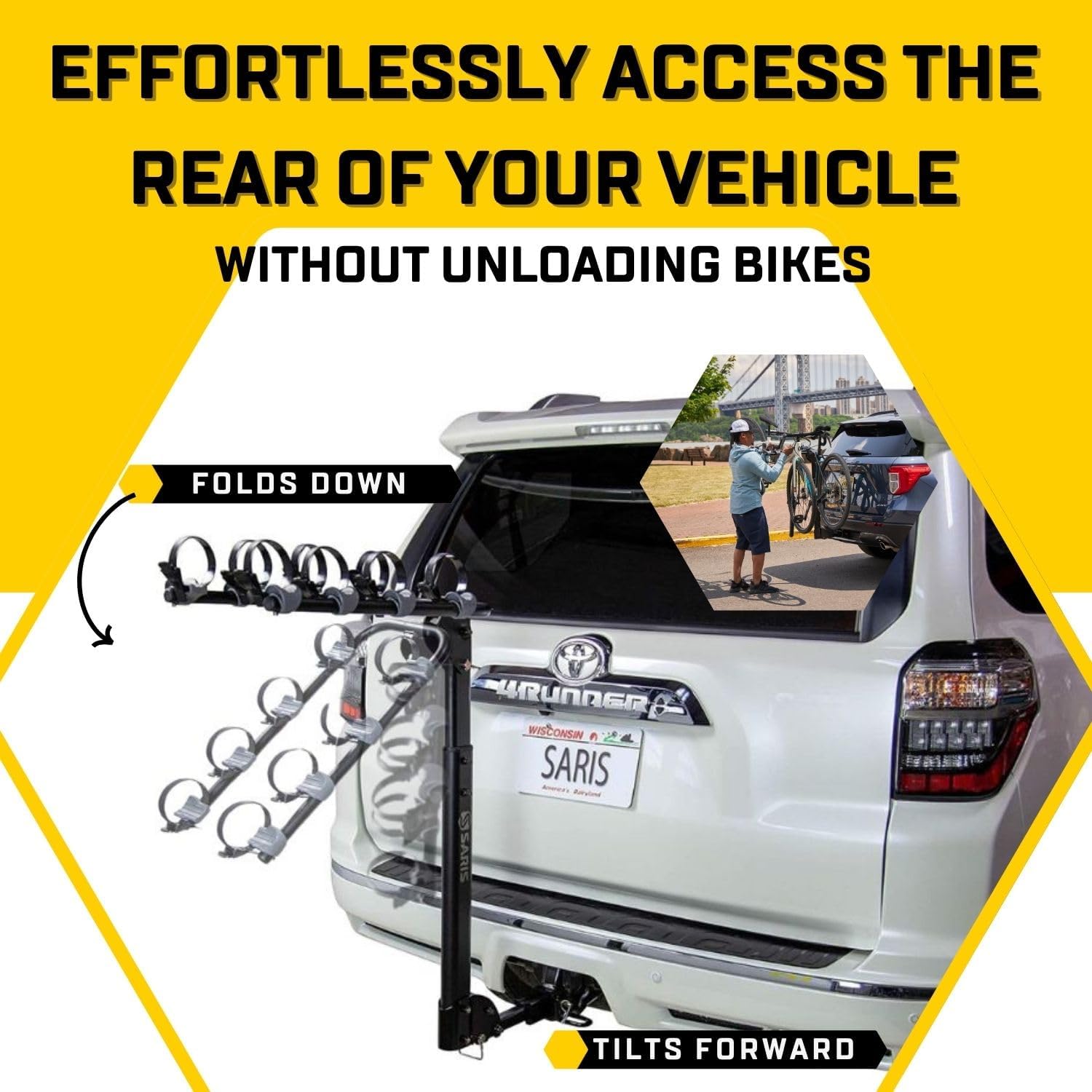 Saris Bike Rack, Grand Slam Hitch Car Rack, Universal Hitch, Hatch Access, Carries 4 Bicycles, Black