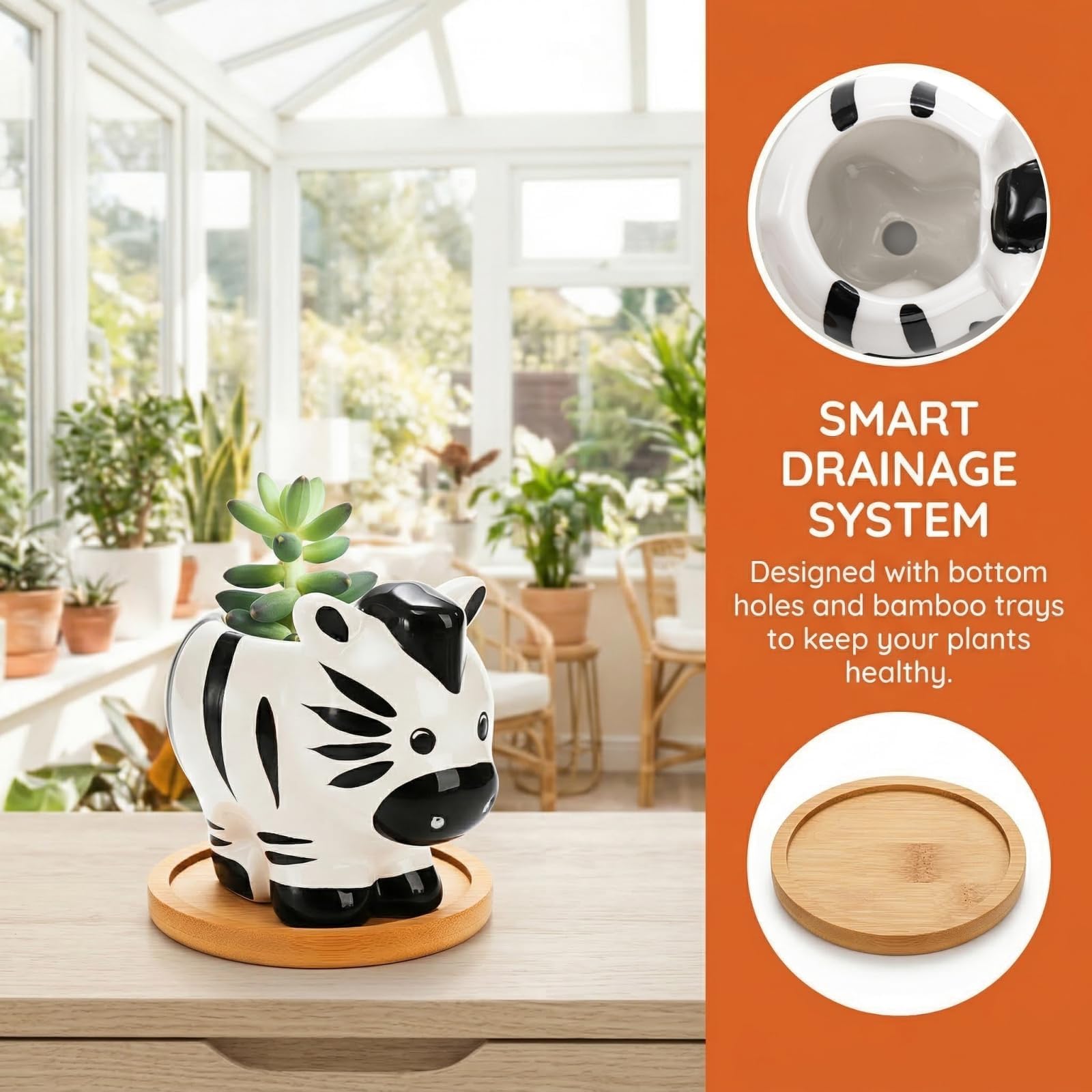 Pumtus 6 Stück Mini-Sukkulenten-Töpfe, kleiner Keramik-Blumentopf, niedlicher Tier-Pflanzenhalter mit Ablaufloch und Bambus-Tablett für Kaktus, Geschenke, Garten, Büro, Heimdekoration, 7,6 cm