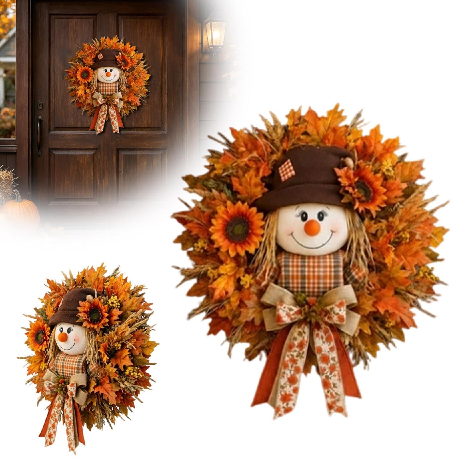 Autumn Swags for Front Door, 18in Fall Teardrop Swag Wreaths with Pumpkin, Sunflower and Maple Leaf, Farmhouse Fall Decoration for Thanksgiving Harvest Autumn, Indoor Outdoor Home Wall (Yellow_B)
