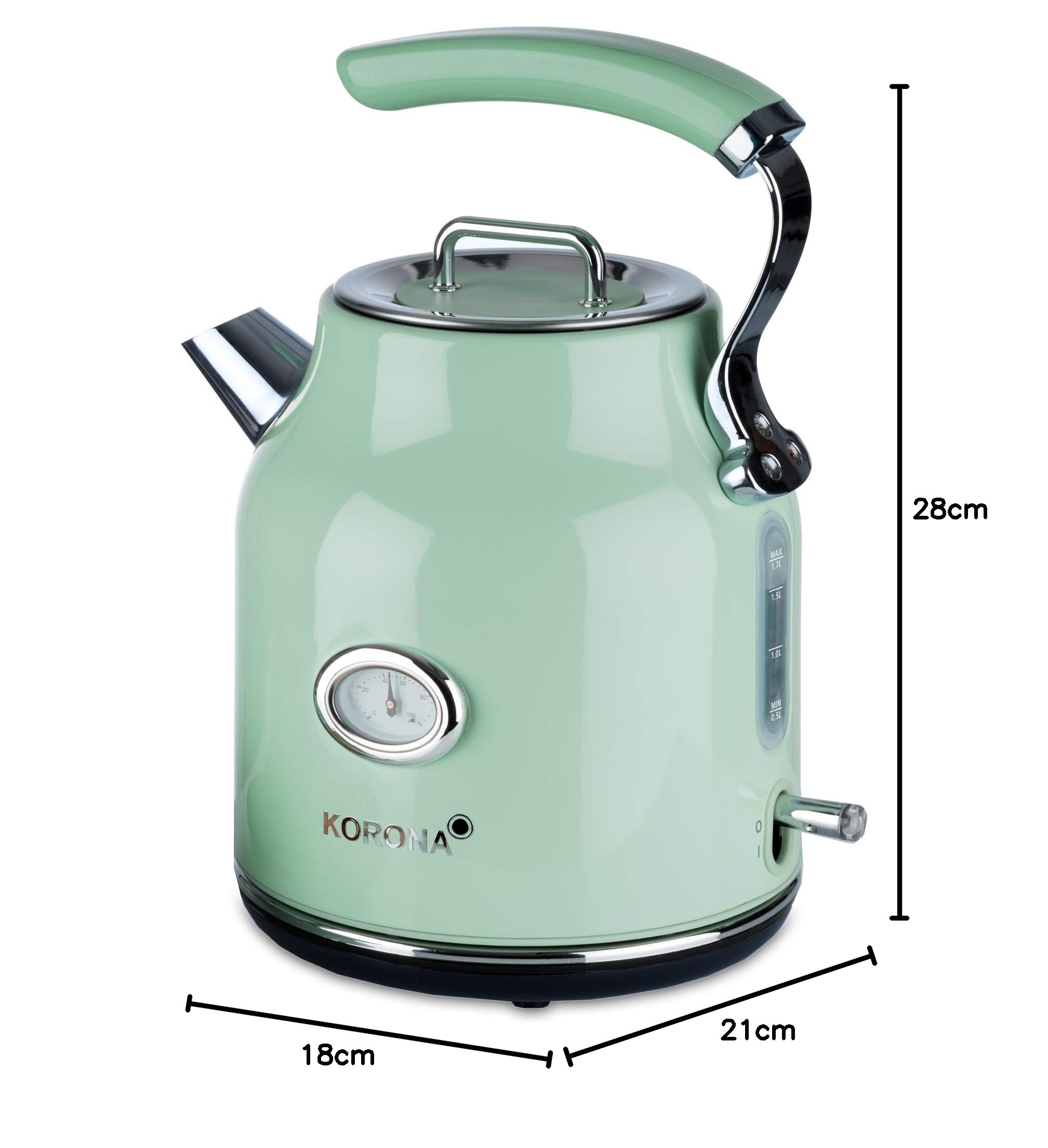 Korona 20665 czajnik elektryczny | design retro | miętowy | 1,7 litra wody do herbaty i kawy | 2200 W | wskaźnik temperatury | filtr kamienia | zatrzymanie pary