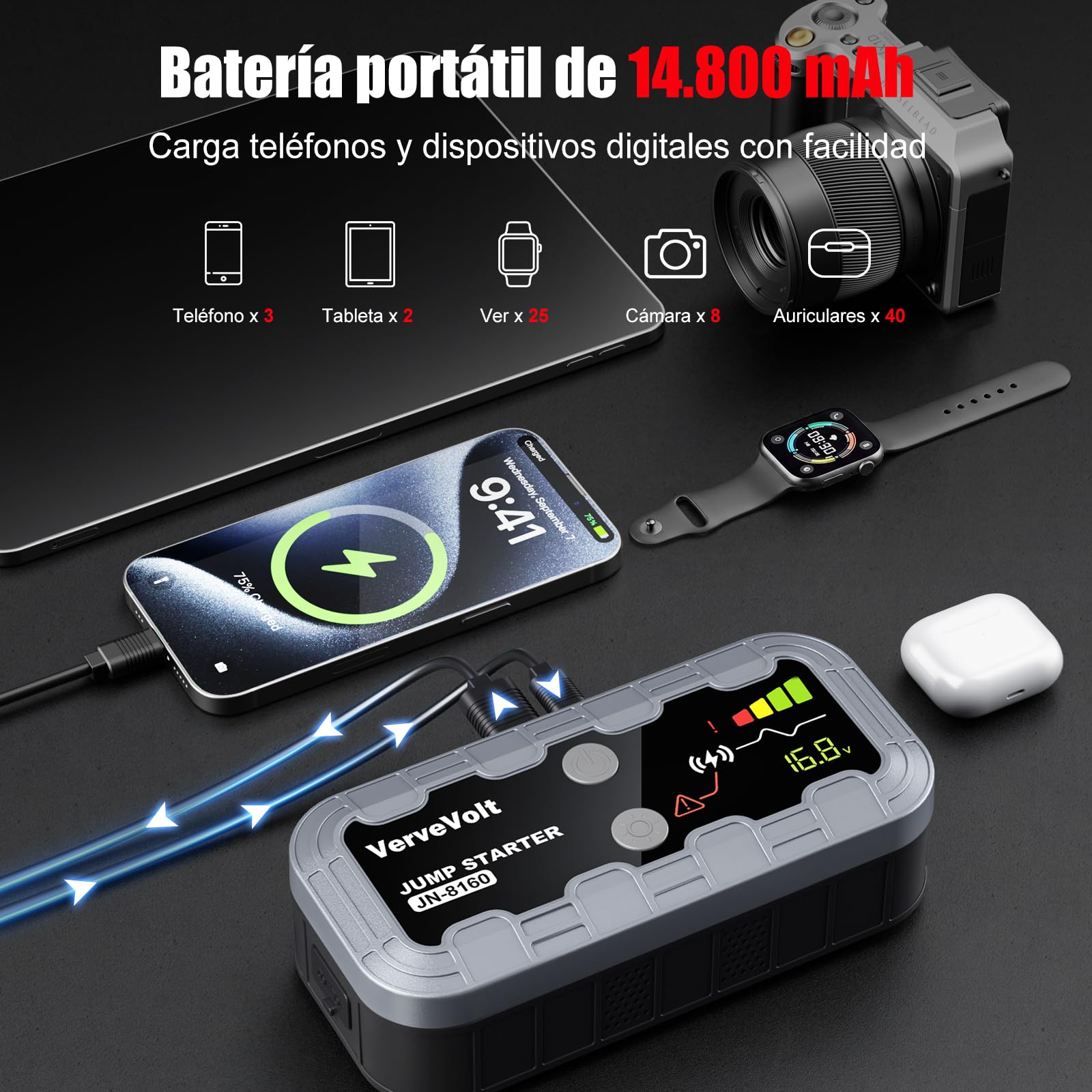 𝐎𝐟𝐞𝐫𝐭𝐚 𝐟𝐥𝐚𝐬𝐡 𝟭𝟬𝟬𝟬𝟬𝗔 Arrancador de Baterias de Coche - Arrancador de Coches Portatil(10L Gas & 9L Diesel), Booster Bateria Grand éCran LCD y Linterna LED, Car Jump Starter, Upgrade