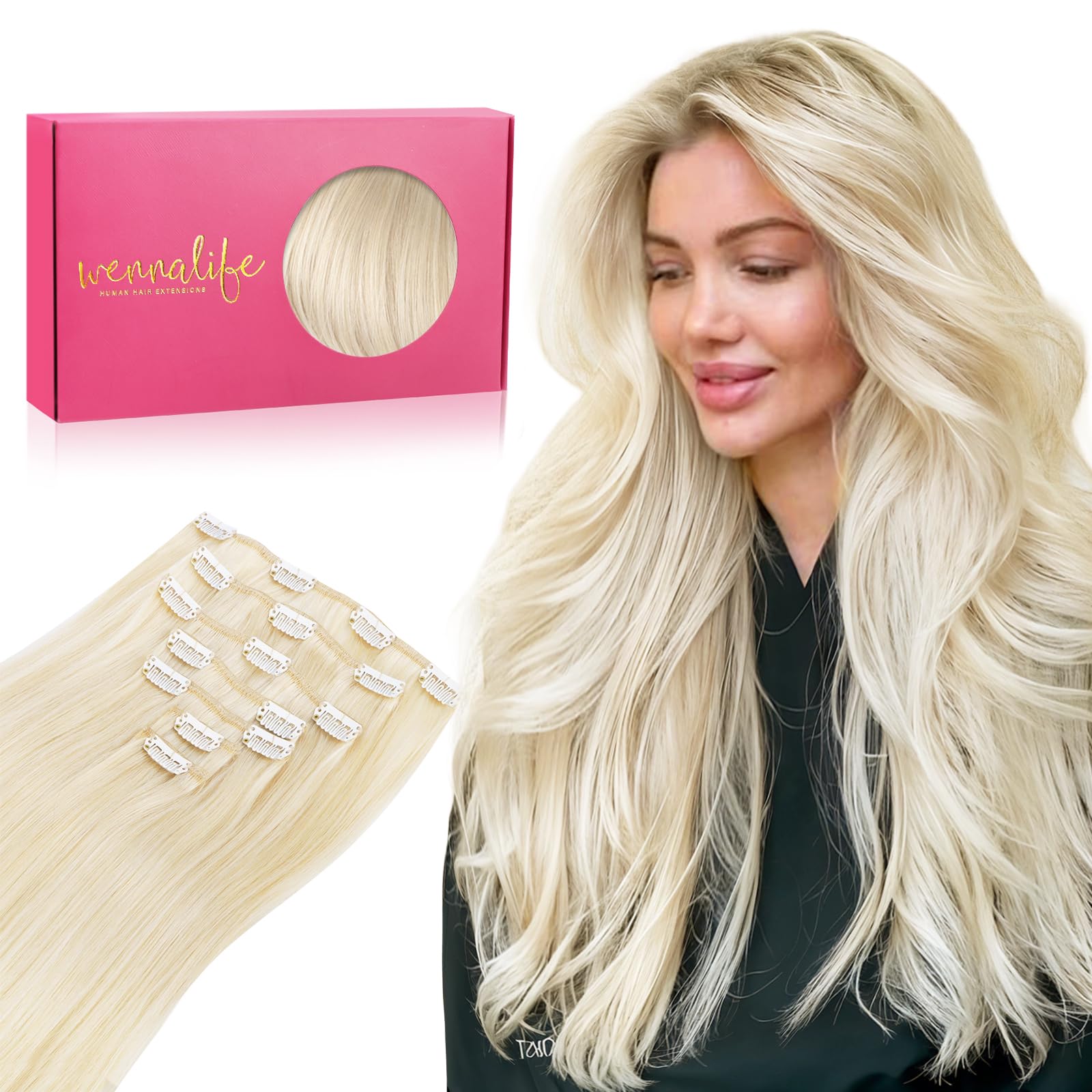 WENNALIFE Clip in Hair Extensions Real Human Hair, 20 Inch 120g 7pcs Platinum Blonde Hair Extensions Clip in Human Hair Remy Clip in Hair Extensions