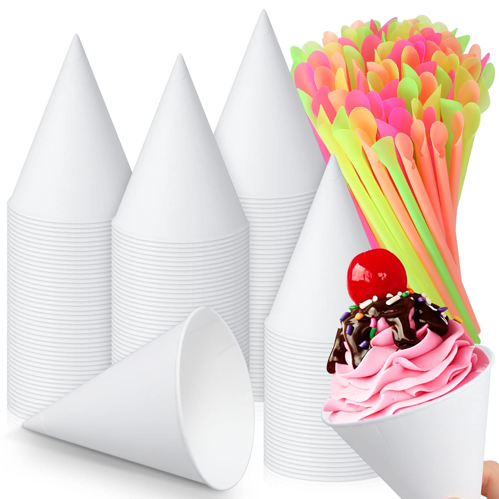 Eaasty 600 Pcs Snow Cone and Straws Cone Cups 4.5 oz Spoon Straws Disposable Paper Cups Straw Spoon for Slush Shaved Ice Cream Sorbet Water (White)