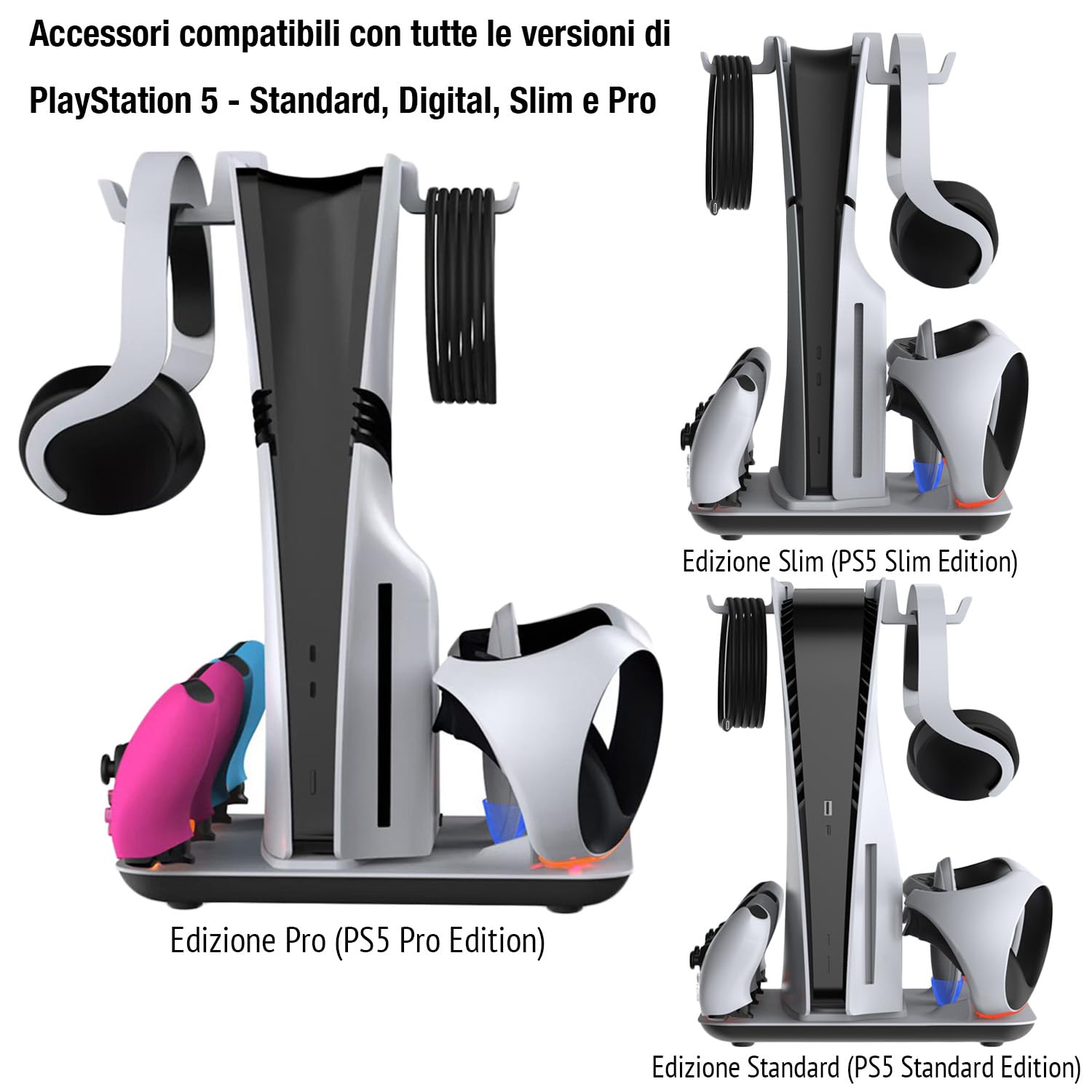 Supporto di Ricarica con Ventola di Raffreddamento per PS5 Pro/PS5 Slim/PS5 Digital/Disc Edition, Dock per Controller PSVR2, con Ricarica Controller, Indicatore LED, Gamepad Joystick Cappucci