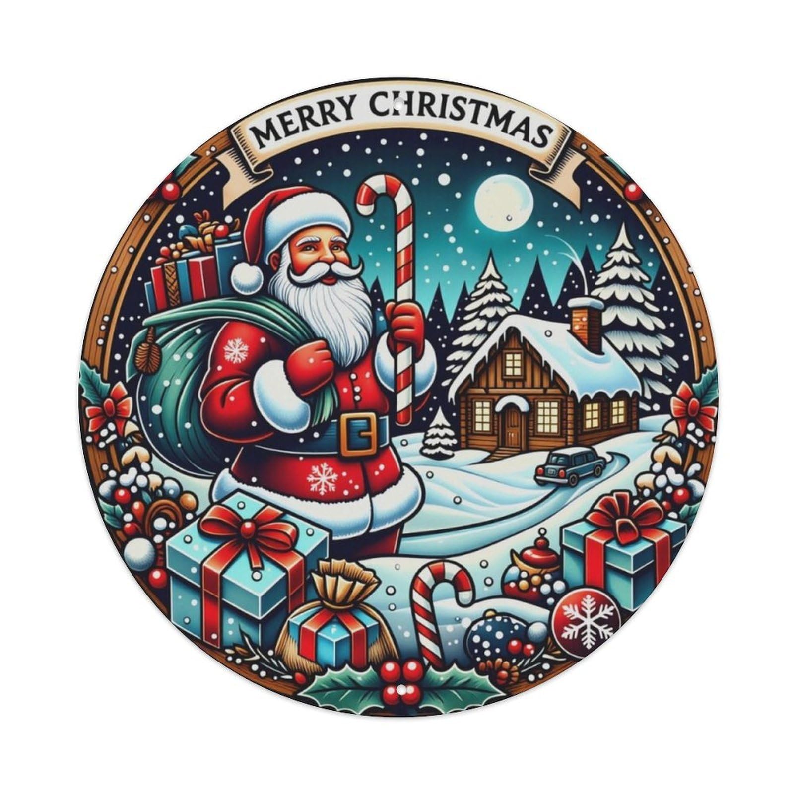 Santa Claus Winter Christmas Scene Round Decor Sign Vintage Aluminium Metal Sign, Retro Wall Decor for Home, Bar, Garage & Farmhouse 20x20cm