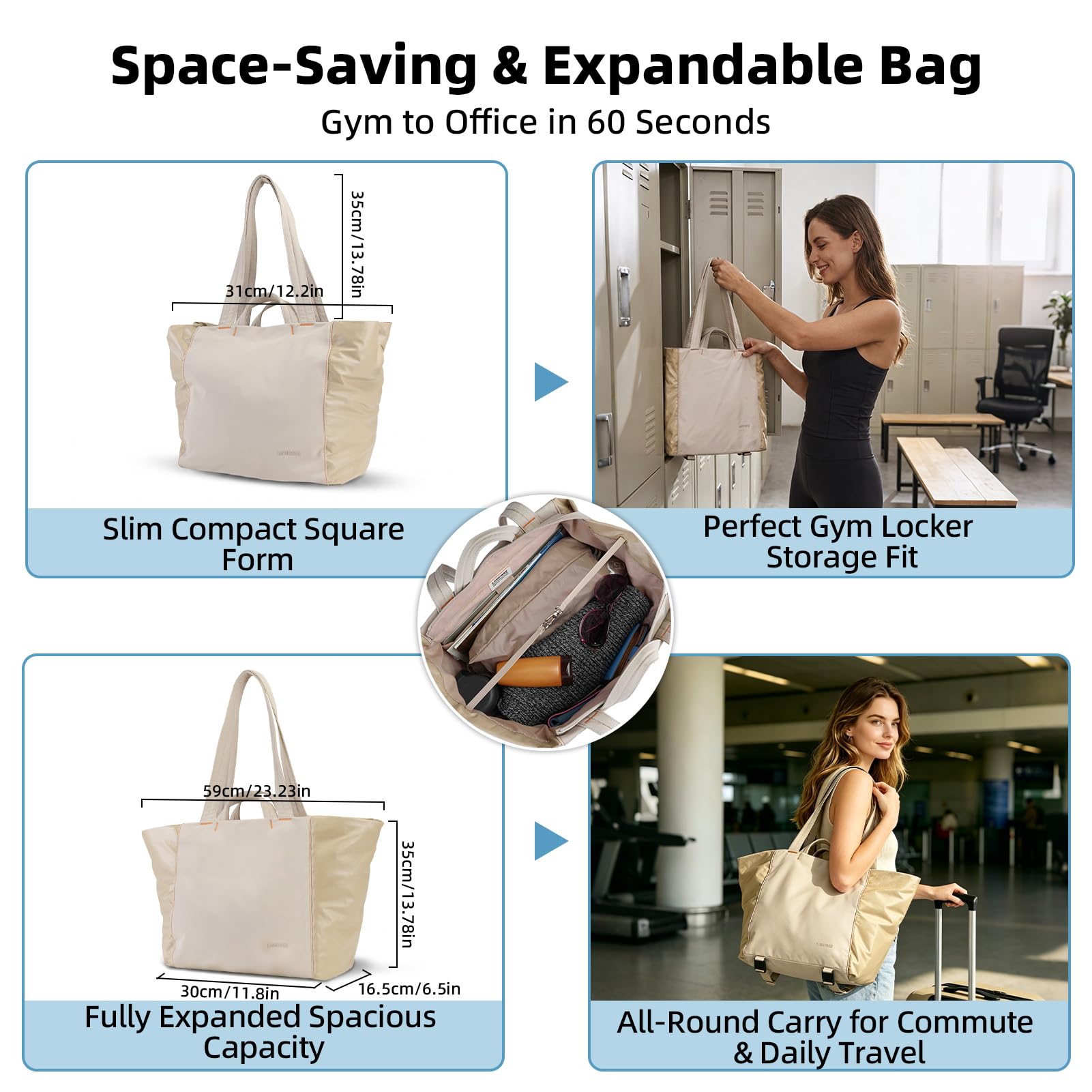 Bolso tote mujer, bolsos de viaje ligeros para el gimnasio con correa para esterilla de yoga, bolsillo impermeable, bolsa para zapatos y neceser; juego de 3 piezas. Bolso tote versátil — view 3