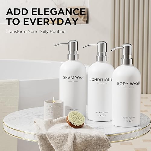 Miniatura 3 de Juego de dispensador de champú y acondicionador, 3 botellas recargables de 16 onzas con bombas de acero inoxidable Dispensadores de jabón de ducha