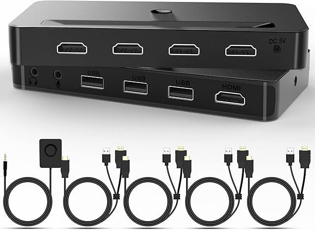 HDMI KVM Switch 4 Ports 4K@60Hz with Audio Microphone and 3 USB A, 4 PCs 1 Monitor KVM Switcher, 4-in-1-out Switch for Keyboard Mouse Printer, with 4 USB+HDMI Combo Cables,USB power Cable,Switch Cable