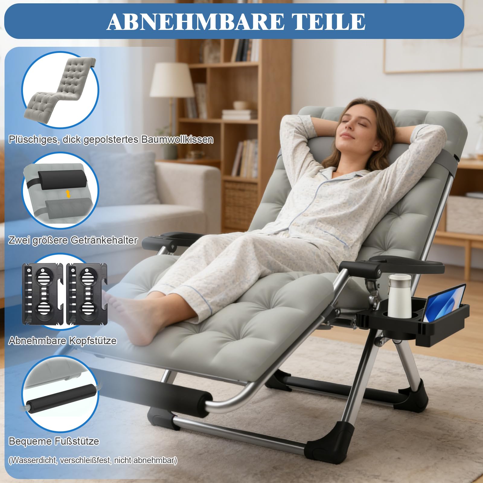 Fiutazge Chaise Longue Pliable Jardin 72cm,Dossier Réglable,Capacité 240kg,avec Coussin, Appui-tête, Porte-Boisson, Repose-Pieds et Housse,Transat de Jardin pour Terrasse,Balcon,Piscine,Camping-Gris