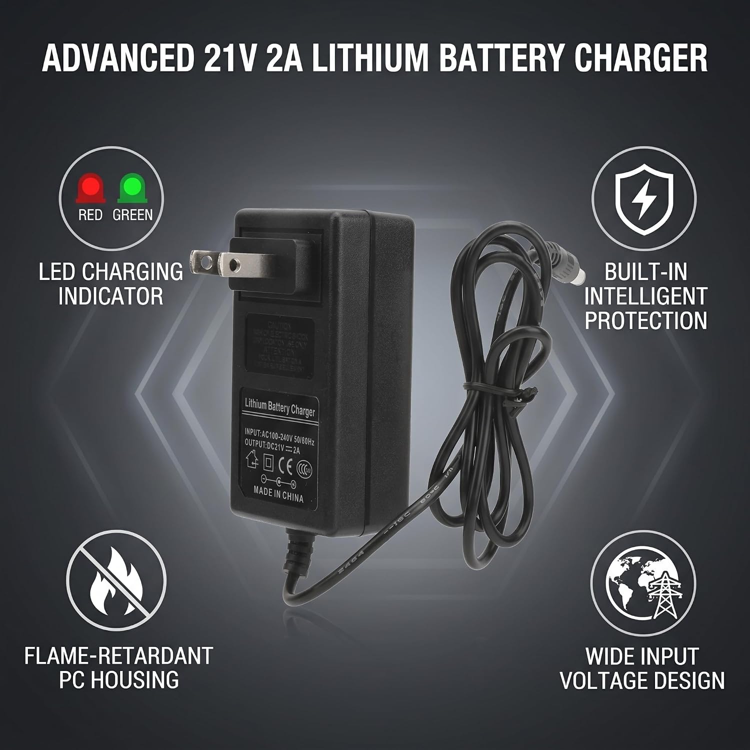 21V 2A Lithium Battery Charger, AC Battery Charger Adapter Supports Preventing Overvoltage with US Plug 100‑240V