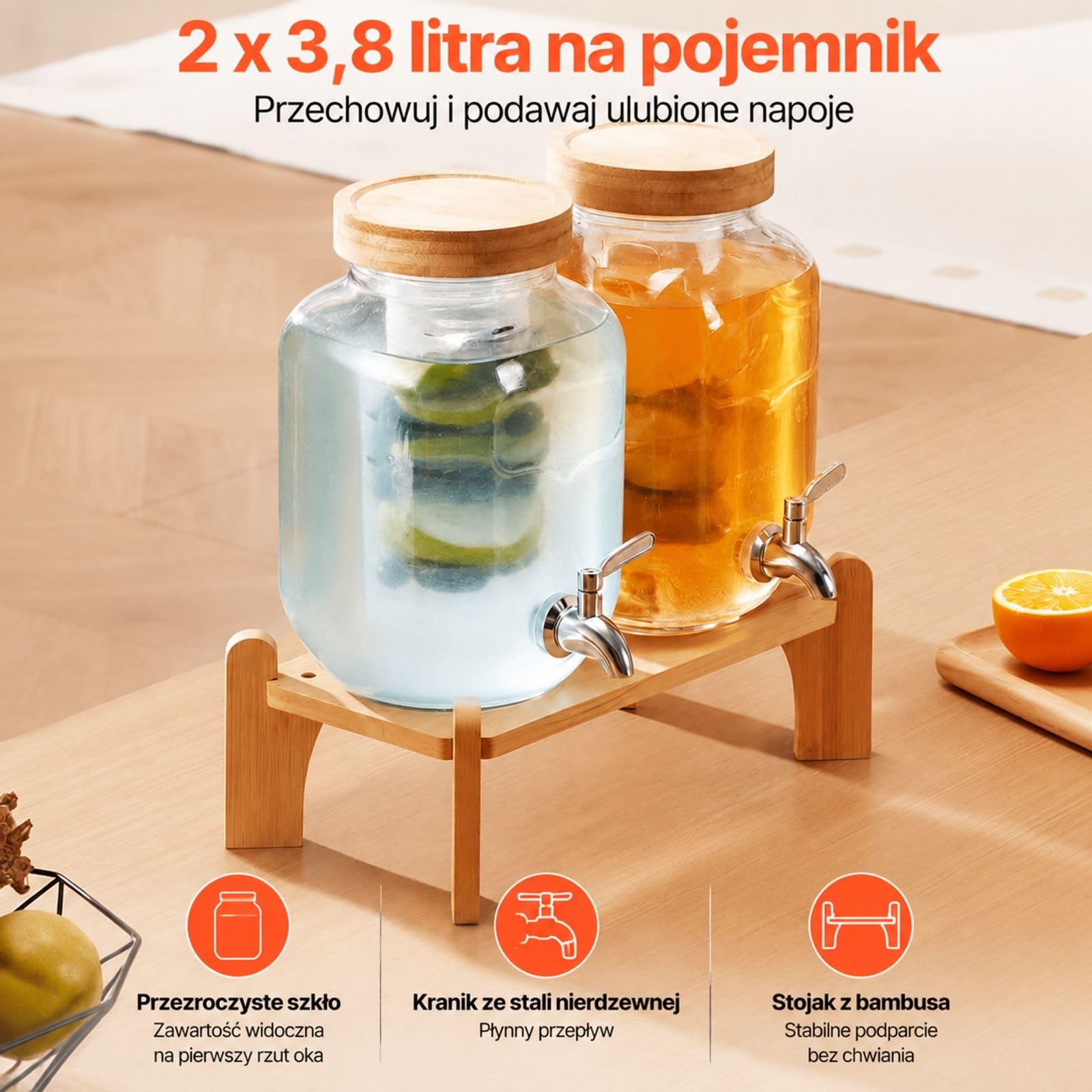 Szklany dystrybutor napojów 2 x 3,8 l, przezroczysty podwójny cylinder z kranem i drewnianą podstawką na przyjęcie, bar, restaurację, lemoniadę, herbatę mrożoną