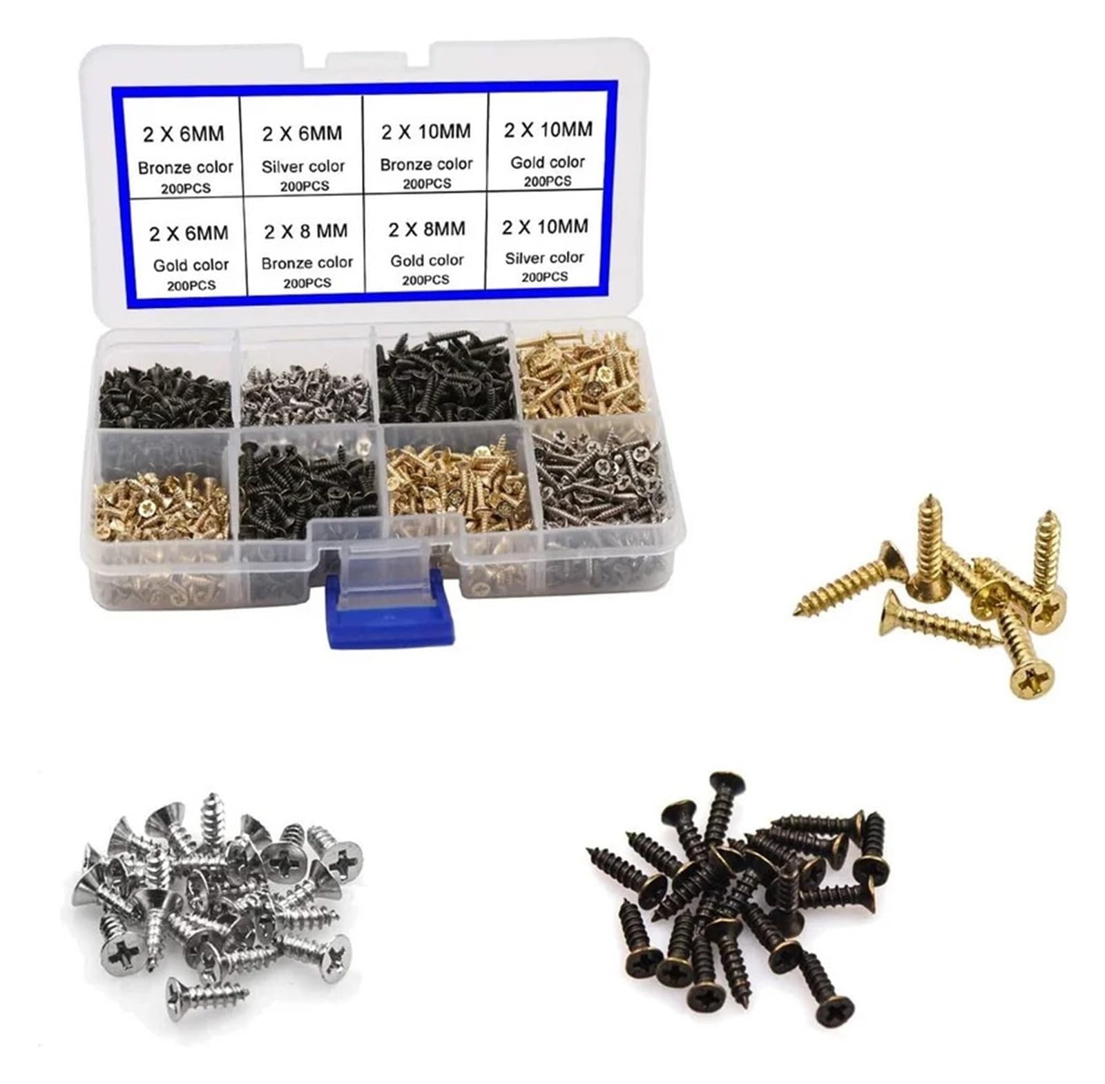 1800-teiliges Sortiment an 2-mm-Kleinschrauben mit Flachkopf, Kreuzschlitz, selbstschneidend, for Holz, Schränke und multifunktionale Anwendungen