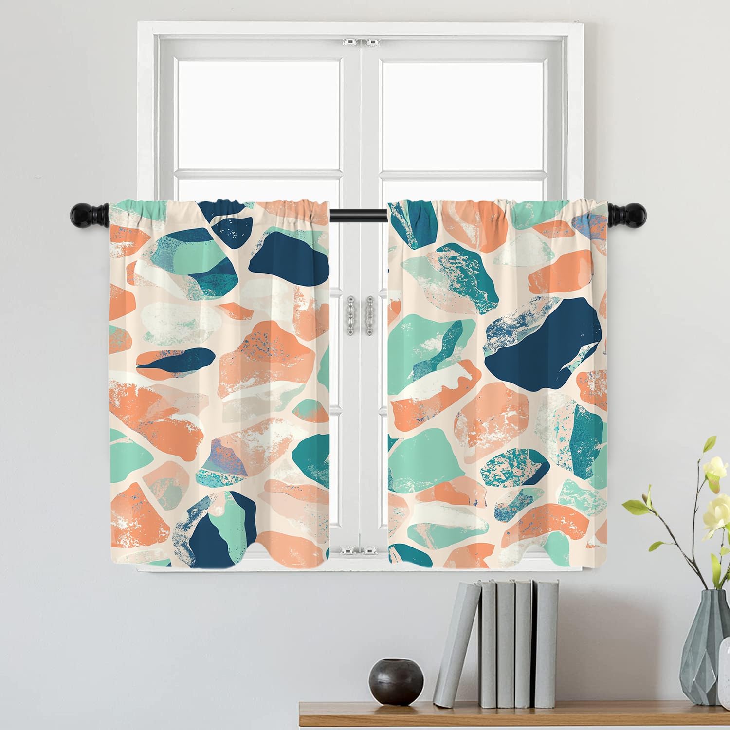 Batmerry Abstract Geometric Colorful Mosaic Tier Curtains, Artistic Modern Cafe Curtain Short Kitchen Drapes Small Valance for Bathroom, 2 Pack 36X26 Inches