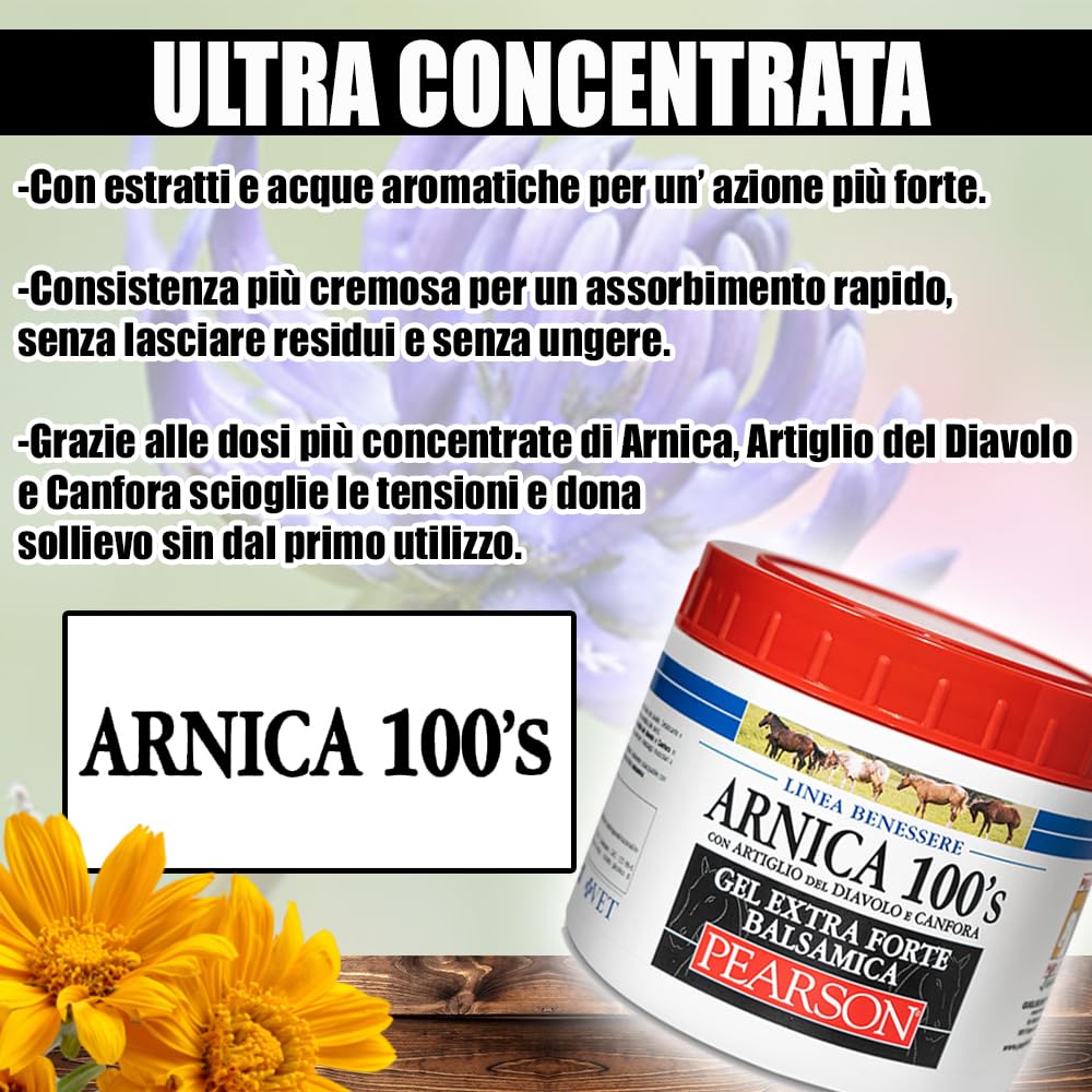 ARNICA 100'S - Arnica Per Cavalli, Gel Extraforte Balsamica Pearson [500ml]. Crema Arnica Gel Forte Con Artiglio Del Diavolo e Canfora. Pomata Defaticante e Rilassante Made in Italy