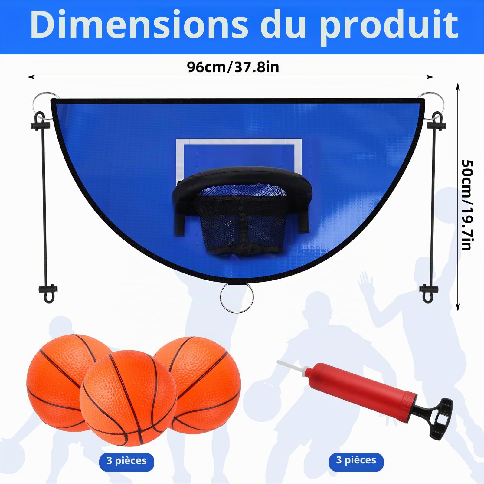 Panier Basket Trampoline, Mini Panier pour Trampoline, Basketball pour Trampoline avec 3 Balles et Pompe, Rechange Filet Panier Amovible Adapté Aux Sports D'Intérieur en Plein Air