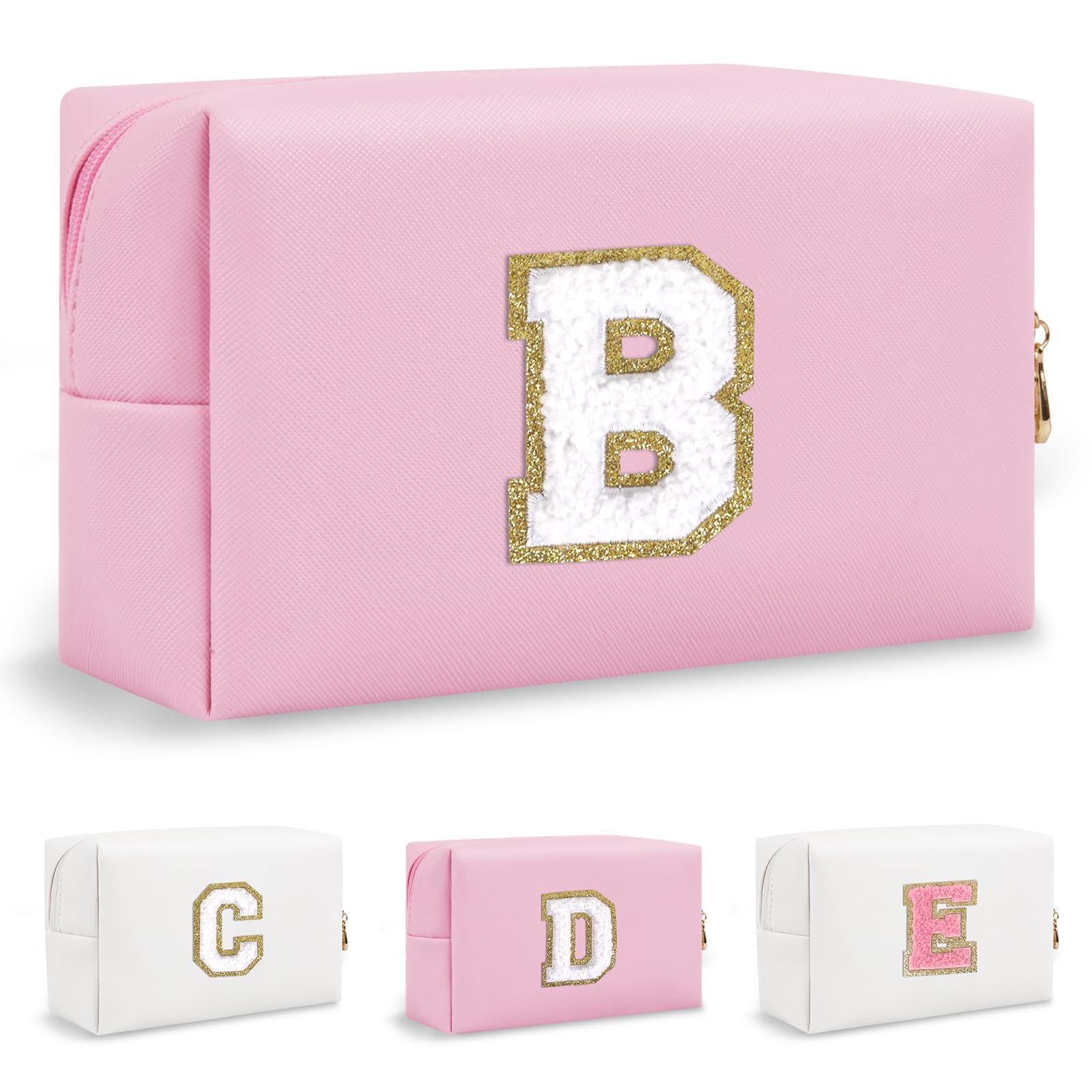 Small Initial Preppy Makeup Bag Organizer, Pink Cute Chenille Letter Cosmetic Pouch with Zipper Toiletry Bags for Traveling, Waterproof PU Makeup Case
