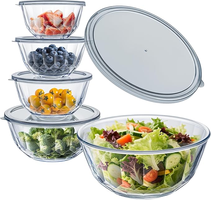 WhiteRhino 8 Piece Glass Bowls with Lids, Heat Resistant Glass Mixing Bowls Set (3.7QT, 2.1QT, 1.1QT, 0.53QT), Clear Salad Bowls with BAP-Free Lids for Kitchen, Oven Microwave Dishwasher Safe