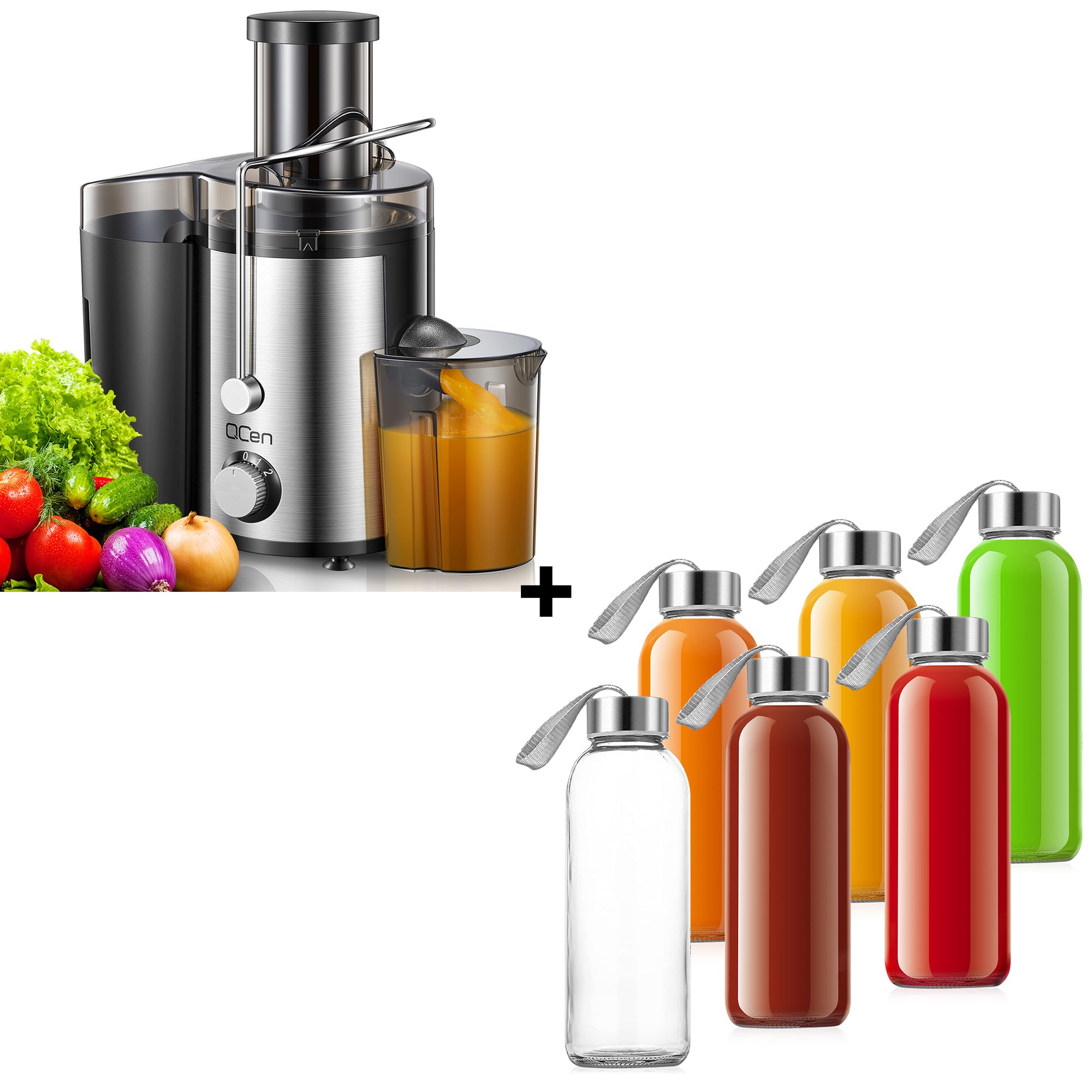 QCen 800W Juicer Machine Black and 6PCS Glass Bottle Bundle