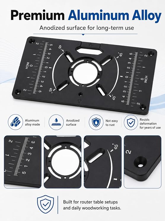 Router Table Insert Plate, Universal Aluminum Alloy Router Table with 4 Insert Rings, Routers Woodworking Tool for Trimming Machines, Benches, Jig Saws