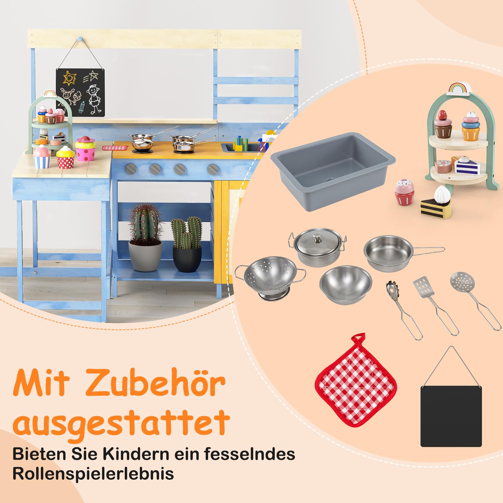 COSTWAY Matschküche mit Picknicktisch & Bank, Kinderküche Tannenholz mit Dessertzubehör Küchengeschirr und Tafel, Spielküche Outdoor Küche für Kinder ab 3 Jahren (Hellblau)