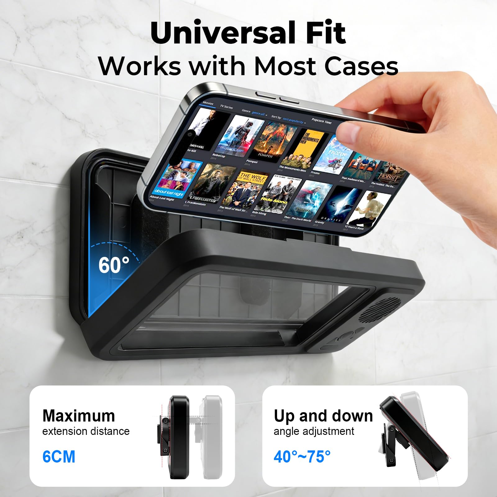 Supporto per telefono da doccia impermeabile con Bluetooth, IPX8, ventosa/montaggio a parete girevole a 360°, altoparlante da 5,3 pollici integrato per bagno/cucina/piscina, per iPhone 16/15/14