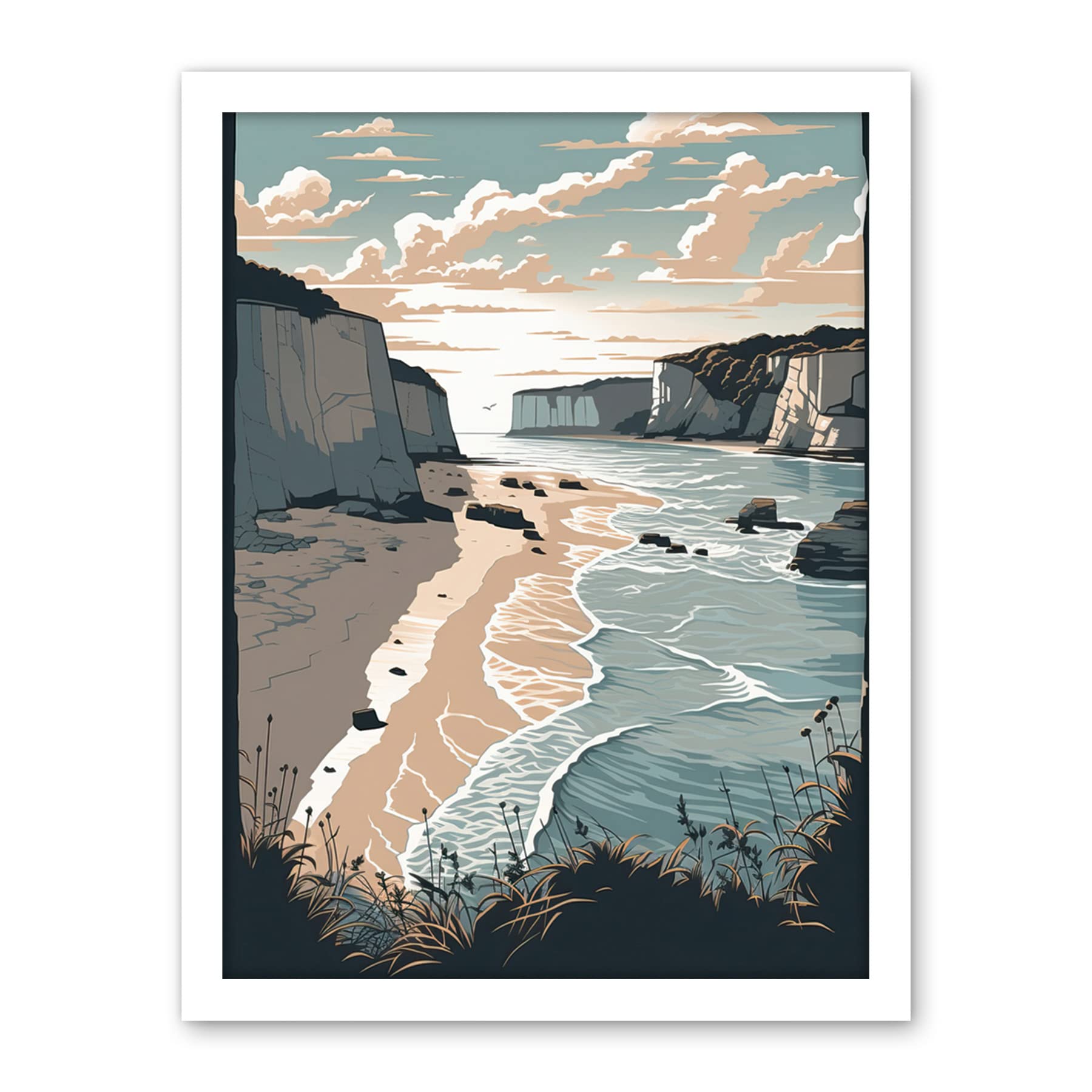 Artery8 Bay with Cliffs Pastel Colour Coastal Landscape Artwork Framed Wall Art Print 18X24 Inch