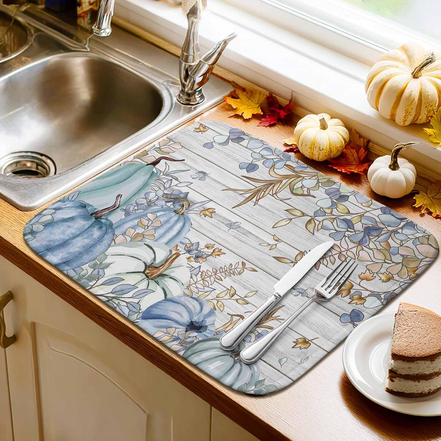Dish Drying Mat for Kitchen Counter Thanksgiving Rustic Blue Pumpkins Wood Grain Highly Absorbent Dish Drainer 18 x 24 Inches Dish Drying Pad for Kitchen Counter, Sink, Draining Racks 2PCS