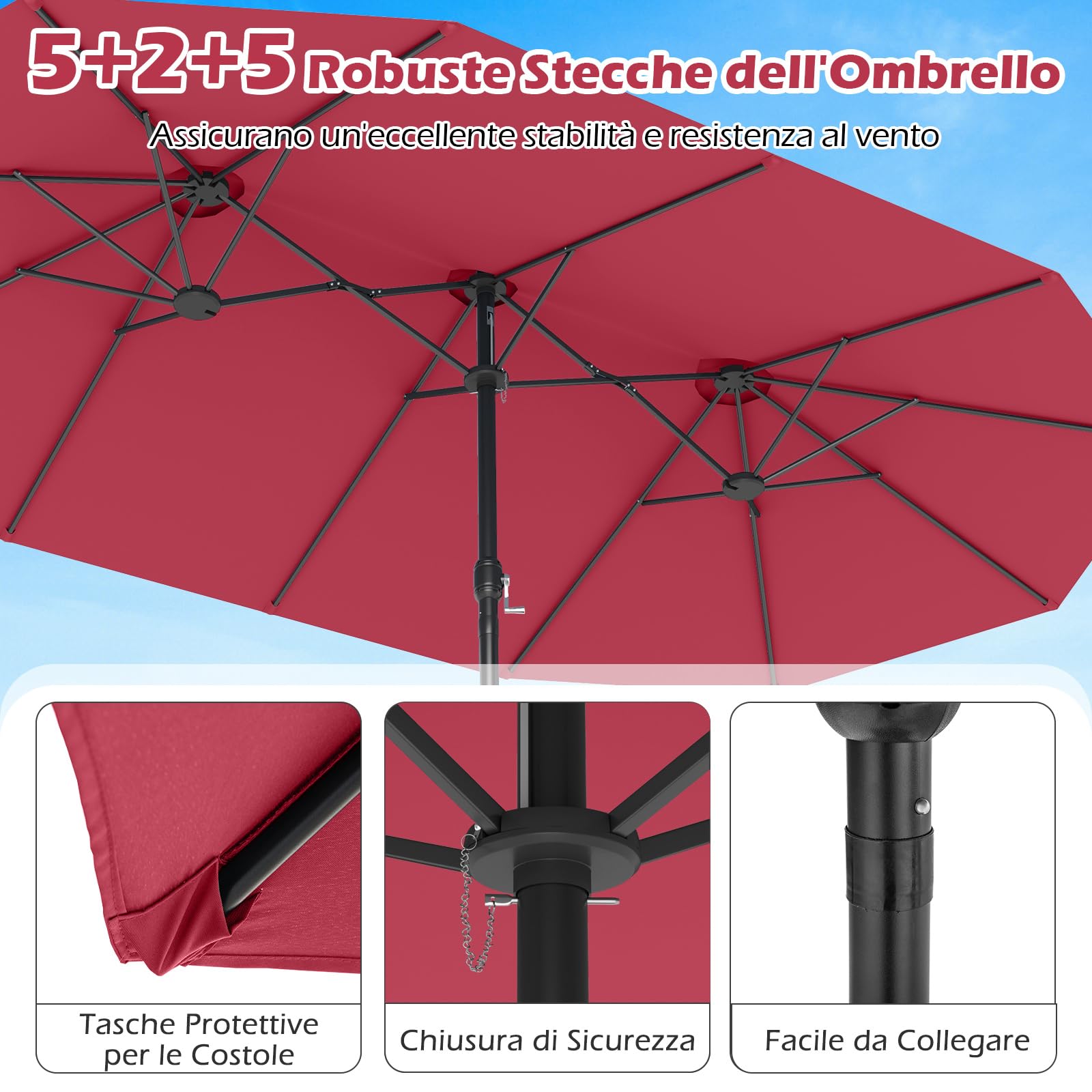 COSTWAY Ombrellone Doppio Rettangolare 443 x 263 cm con Sistema a Manovella, Base e 12 Costole, per Giardino e Cortile (Rosso)