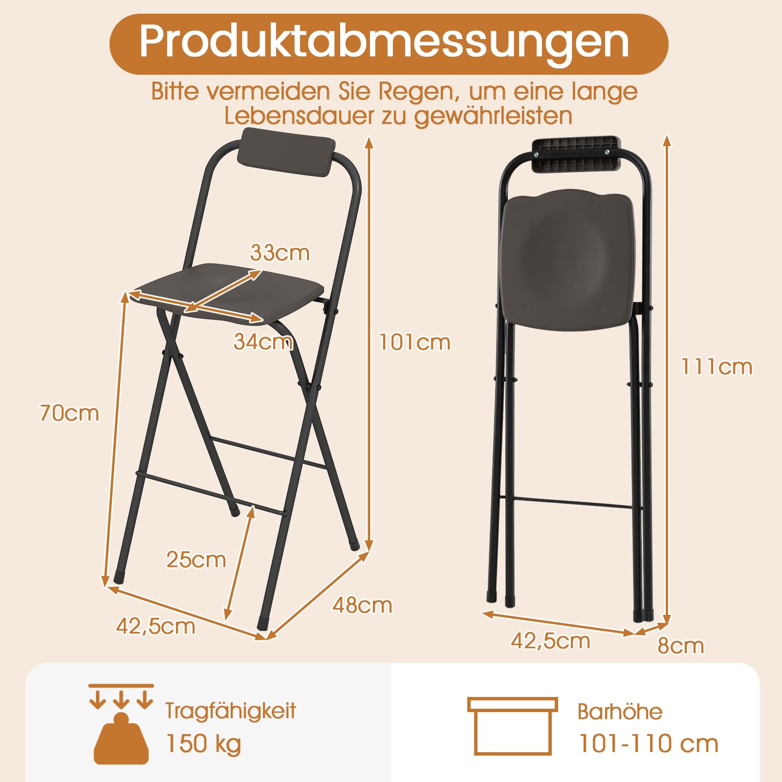 COSTWAY Barhocker Outdoor 2er Set, klappbare Barstühle mit Rückenlehne und Fußstütze, Tresenhocker bis zu 150 kg belastbar, Sitzhöhe 70 cm, Gartenstühle für Balkon, Garten, Terrasse (Grau)