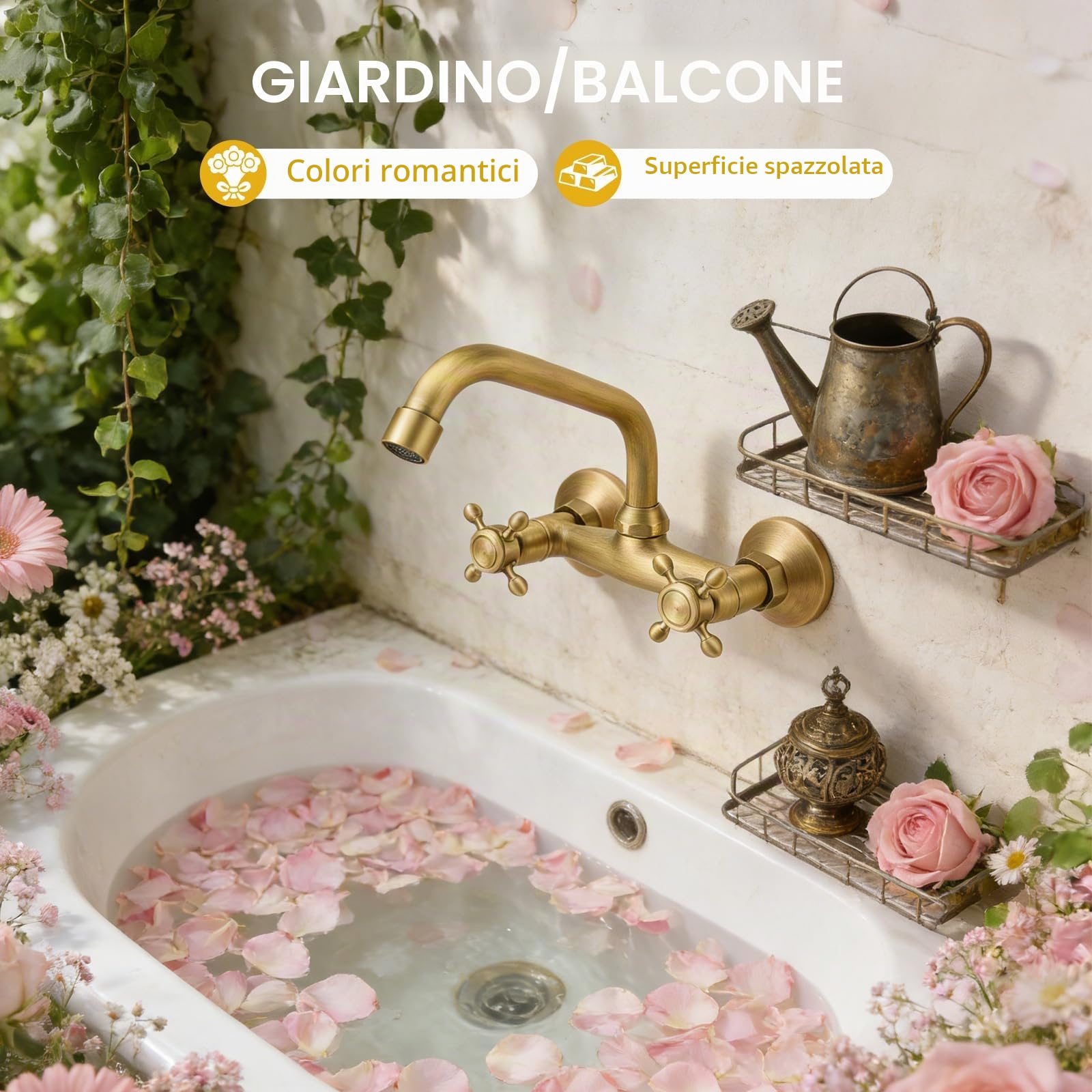 Rubinetto Cucina a Muro in Ottone Antico, Miscelatore Cucina Vintage con Bocca Girevole 360°, Doppia Manopola Acqua Calda e Fredda, Rubinetto Lavello a Parete per Bagno Cucina Lavanderia