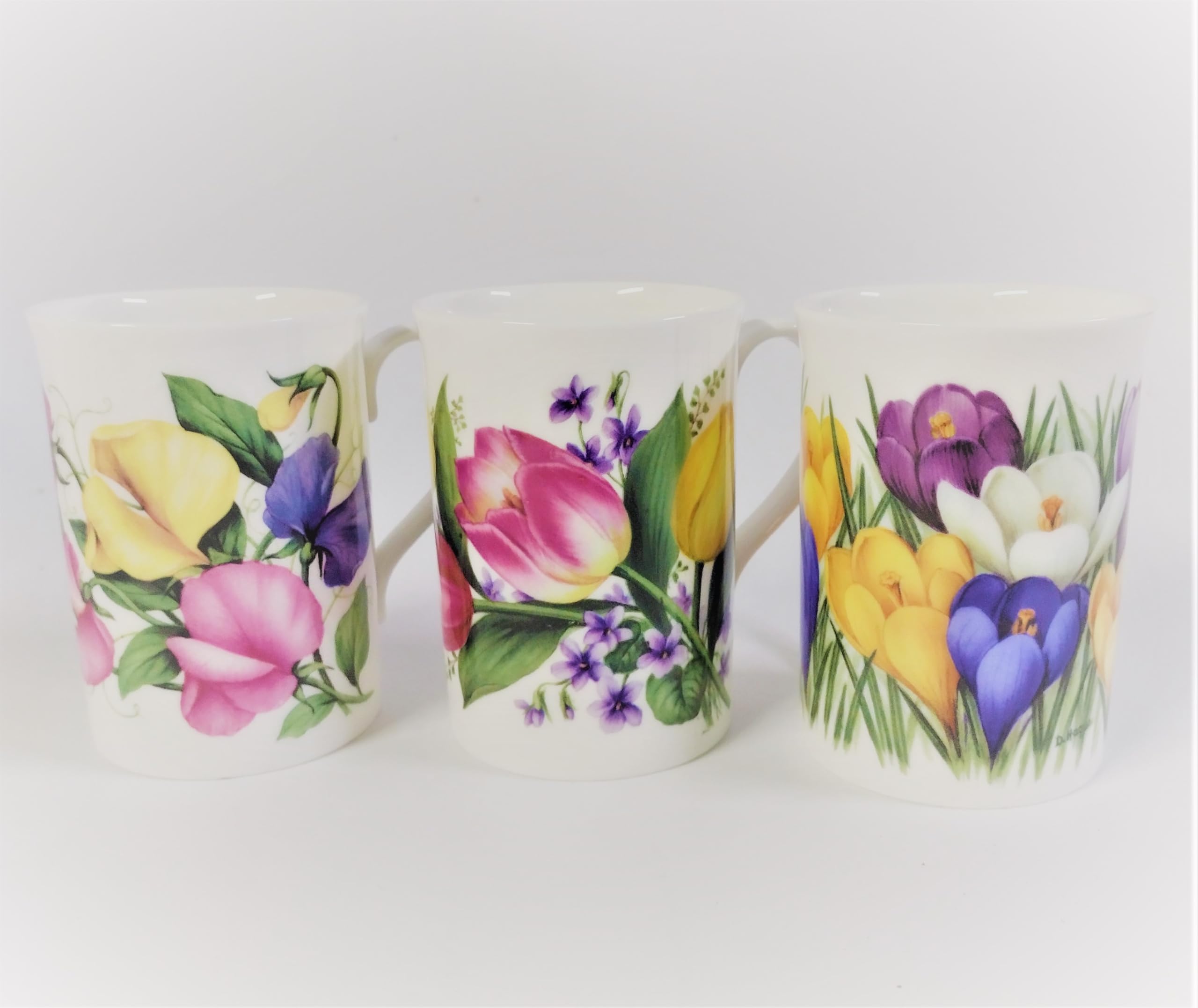 the old sun pottery Set of 3 Bone China Mugs with Floral Design Crocus Sweetpea Tulip