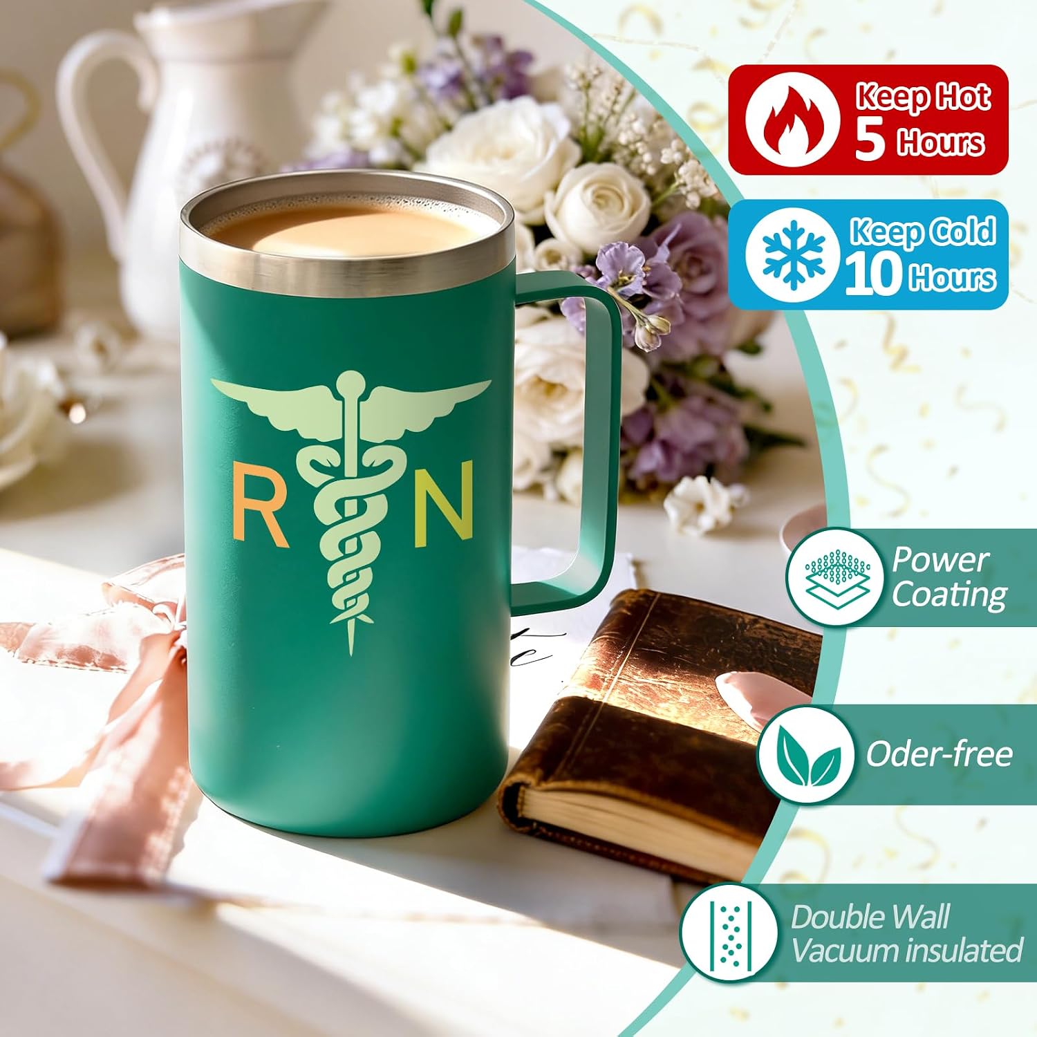Lifecapido RN Gifts for Nurses, Nursing School Graduation Gifts for Nurse Graduates Women 2026, 20oz Registered Nurse Insulated Mug with Keychain, Lid & Straw(Green)
